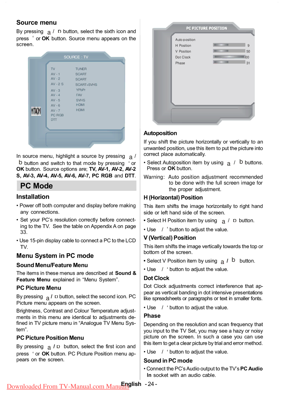 Hitachi L37VR1U, L37VP01E, L37V01EA, L37V01UA manual PC Mode, Source menu, Menu System in PC mode 