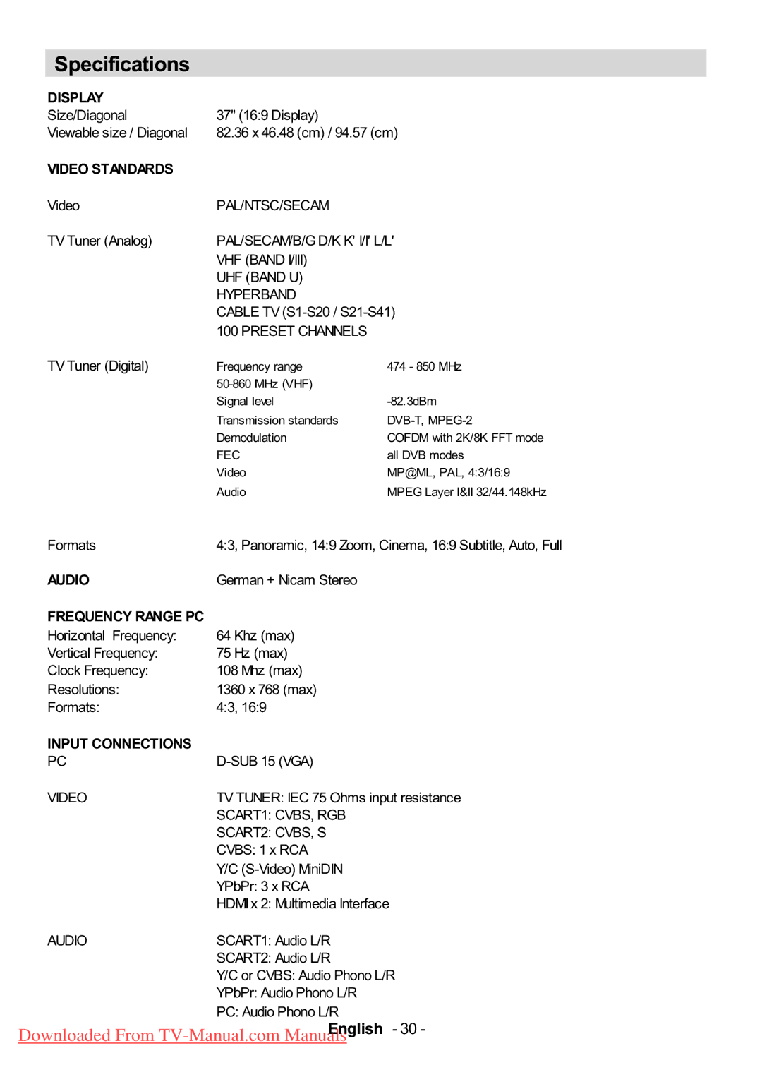 Hitachi L37VR1U, L37VP01E, L37V01EA, L37V01UA manual Specifications 