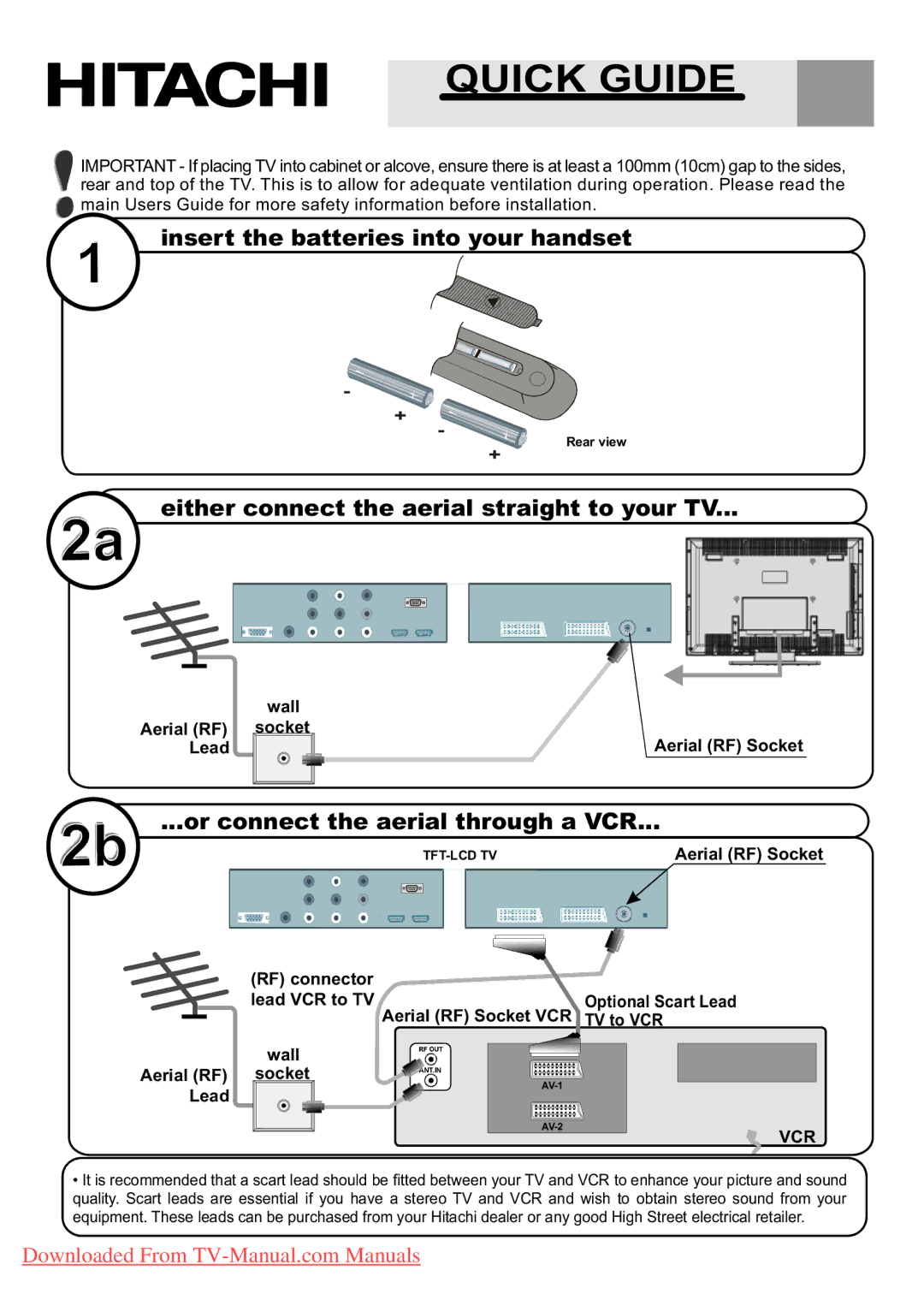 Hitachi L37V01E, L37VP01E, L37VR1U manual Aerial RF Socket Lead, RF connector Lead VCR to TV, Aerial RF Socket VCR TV to VCR 