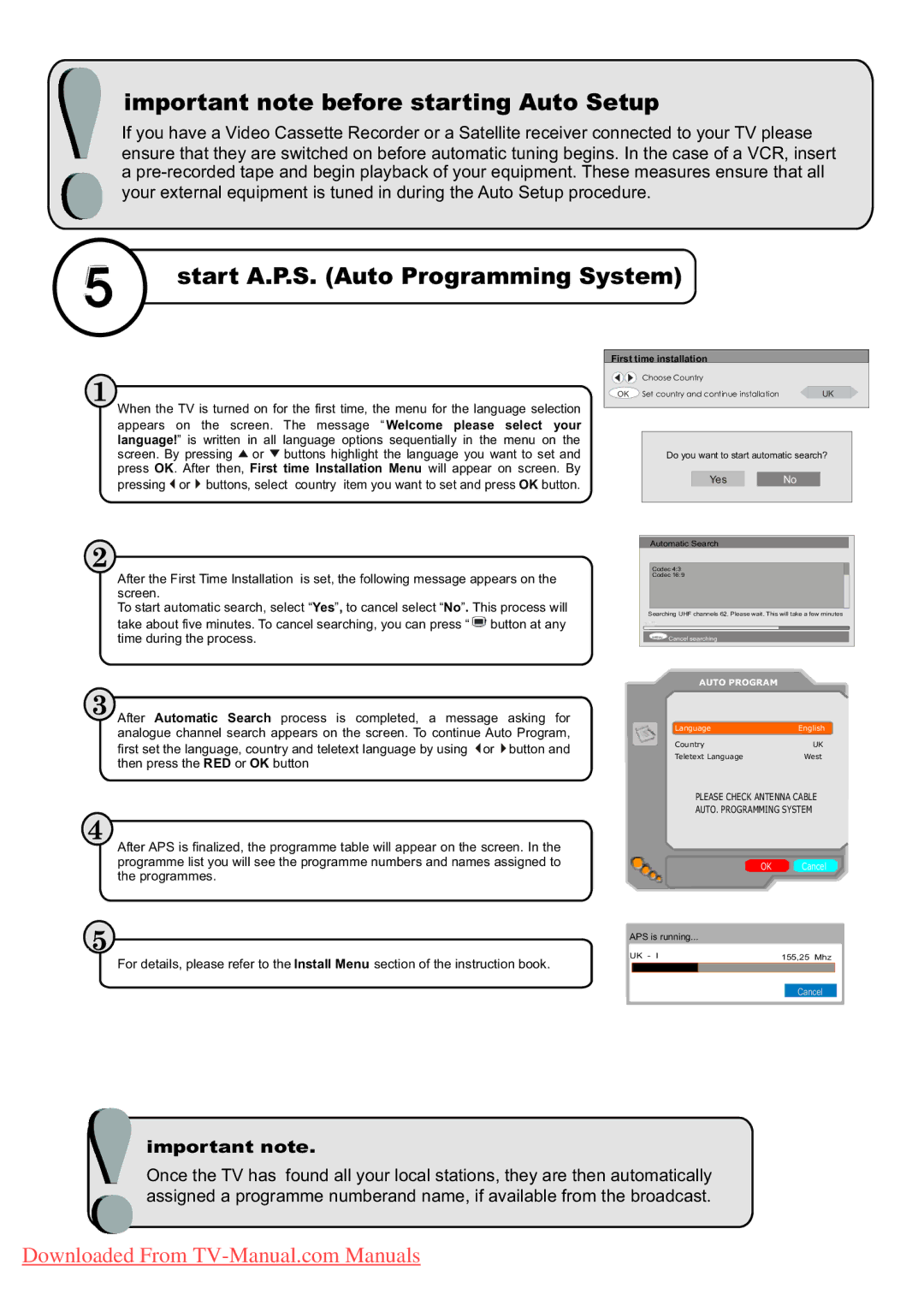 Hitachi L37V01UA, L37VP01E, L37VR1U, L37V01EA manual Important note before starting Auto Setup 