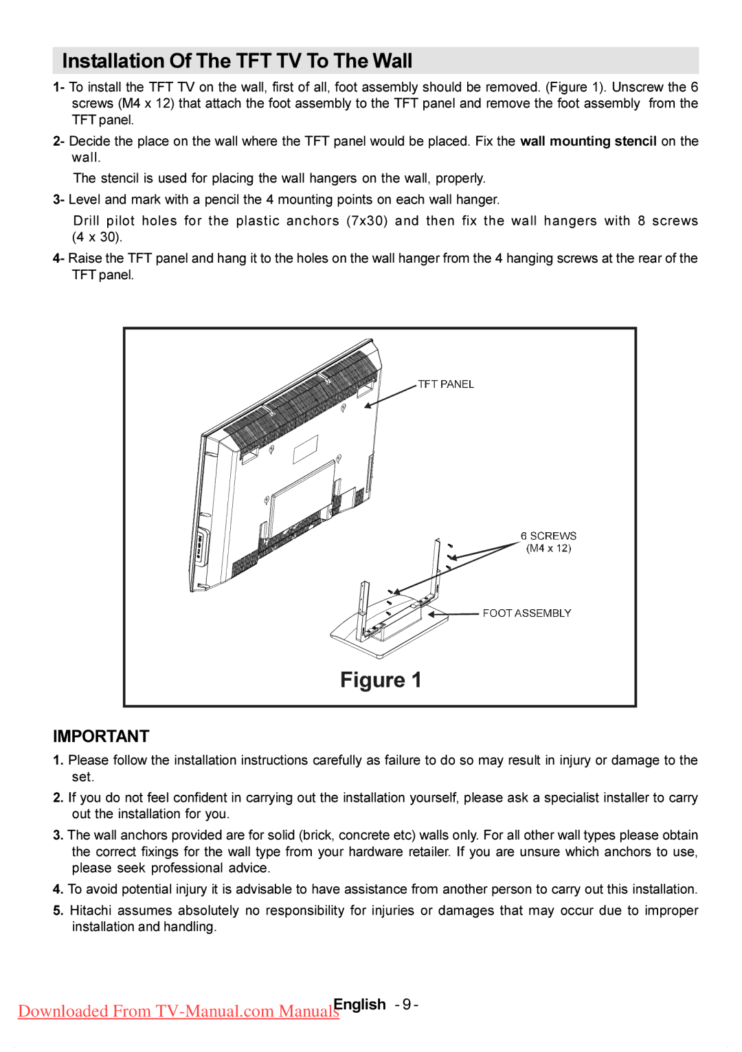 Hitachi L37VP01U, L37VP01E manual Ljxuh, Installation Of The TFT TV To The Wall 