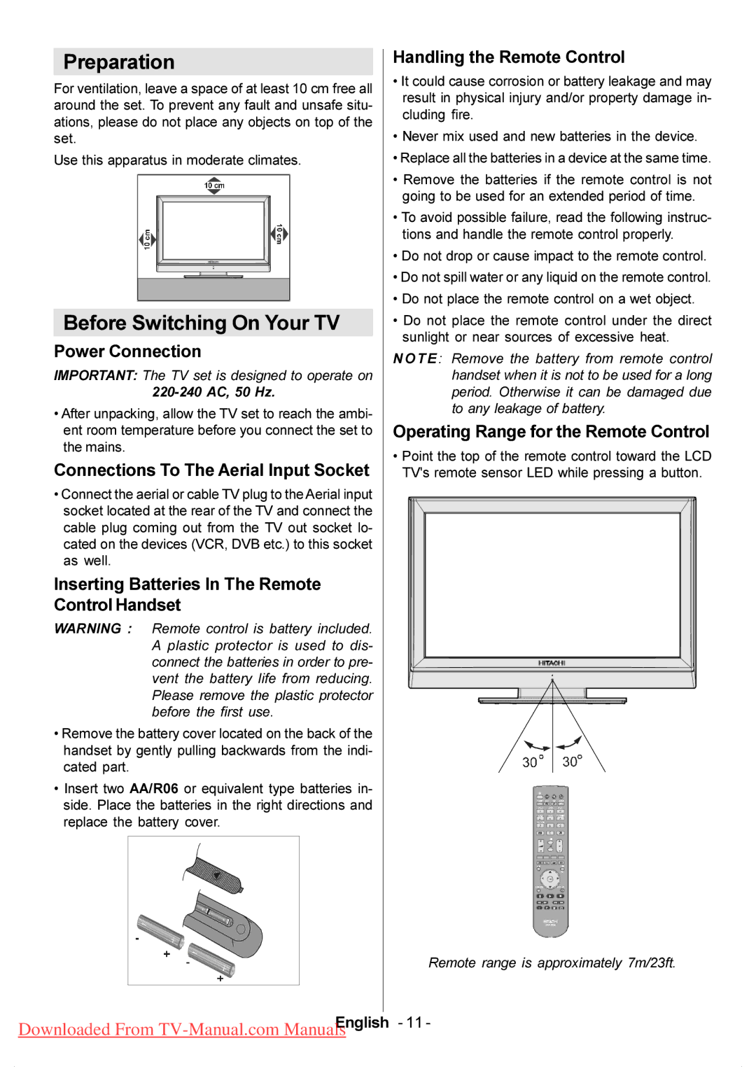 Hitachi L37VP01U, L37VP01E manual Preparation, Before Switching On Your TV 