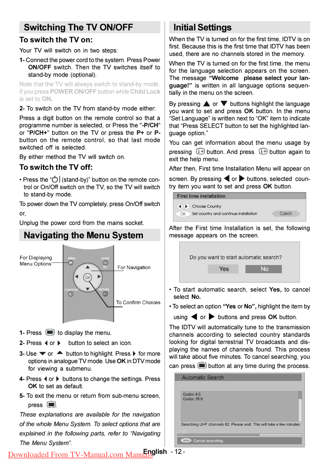 Hitachi L37VP01E, L37VP01U manual Switching The TV ON/OFF Initial Settings, Navigating the Menu System, To switch the TV on 