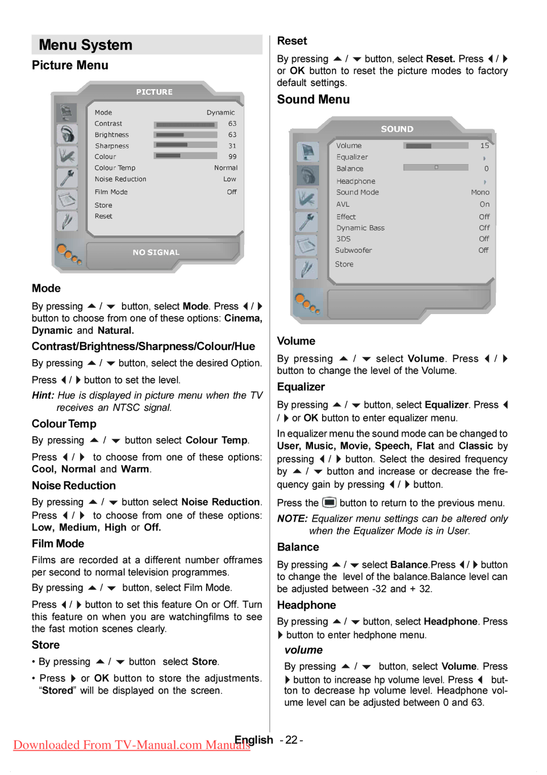 Hitachi L37VP01E, L37VP01U manual Menu System, Picture Menu, Sound Menu 