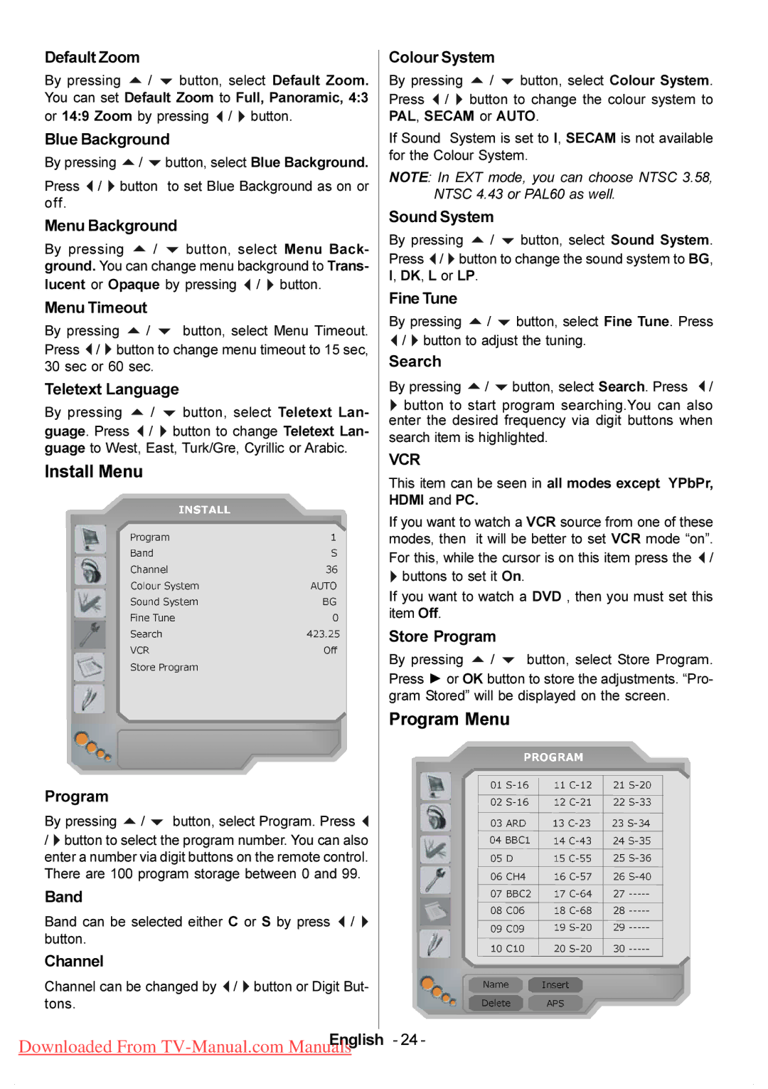 Hitachi L37VP01E, L37VP01U manual Install Menu, Program Menu 