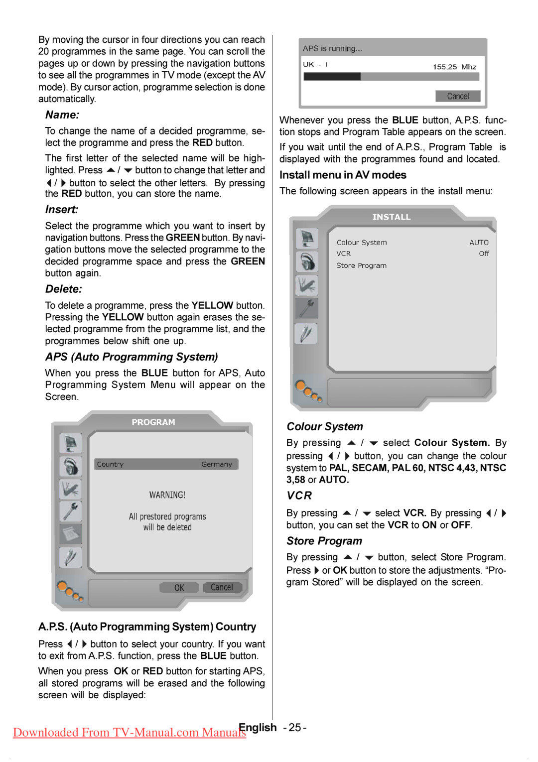 Hitachi L37VP01U, L37VP01E manual S. Auto Programming System Country, Install menu in AV modes 