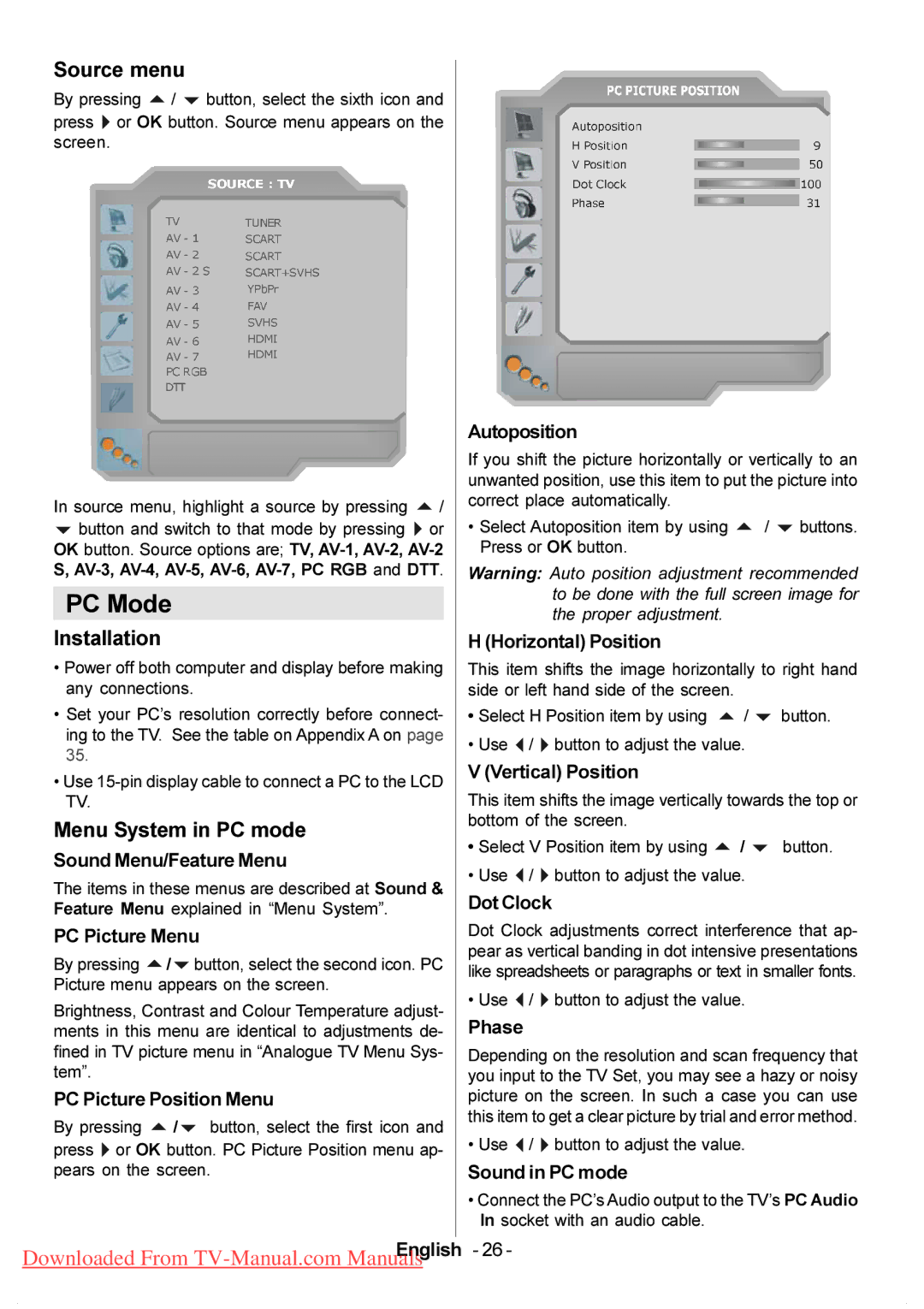 Hitachi L37VP01E, L37VP01U manual PC Mode, Source menu, Menu System in PC mode 