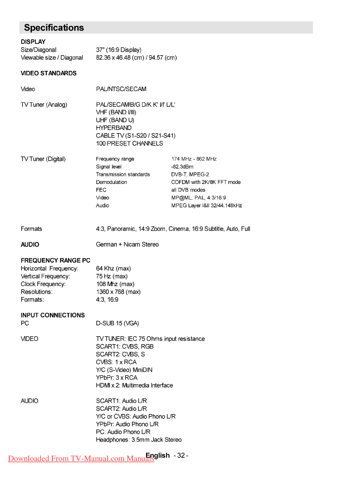 Hitachi L37VP01E, L37VP01U manual Specifications 