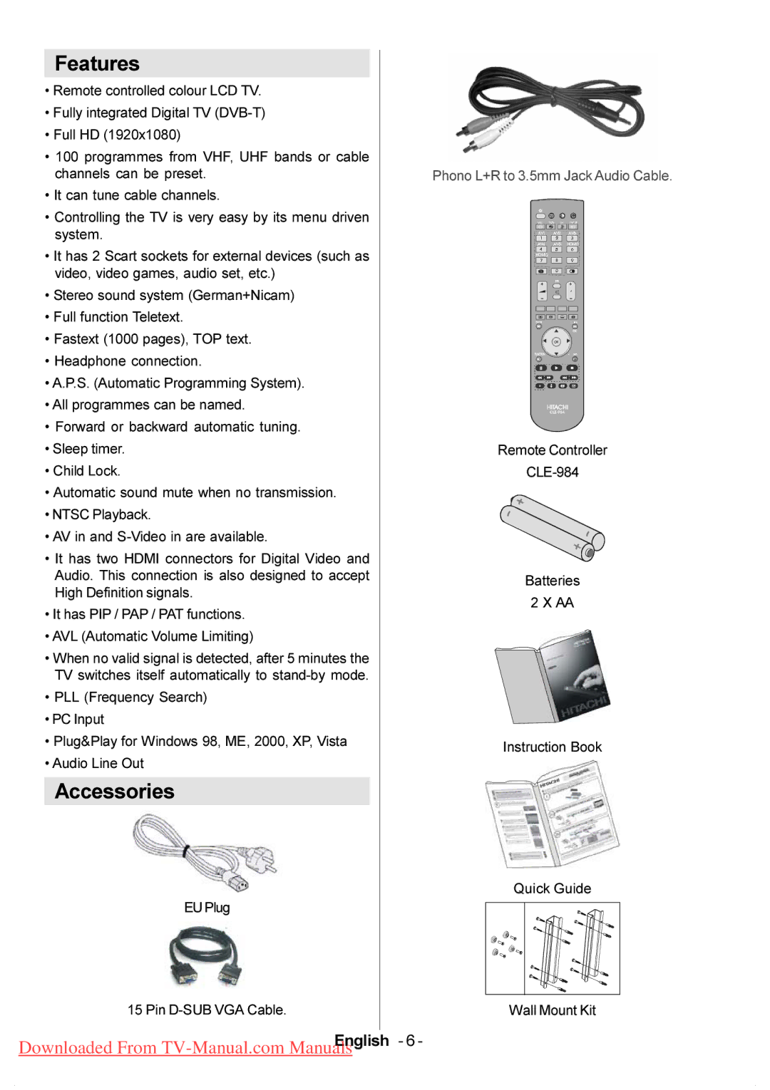 Hitachi L37VP01E, L37VP01U manual Features, Accessories, EUPlug Pin D-SUB VGA Cable 