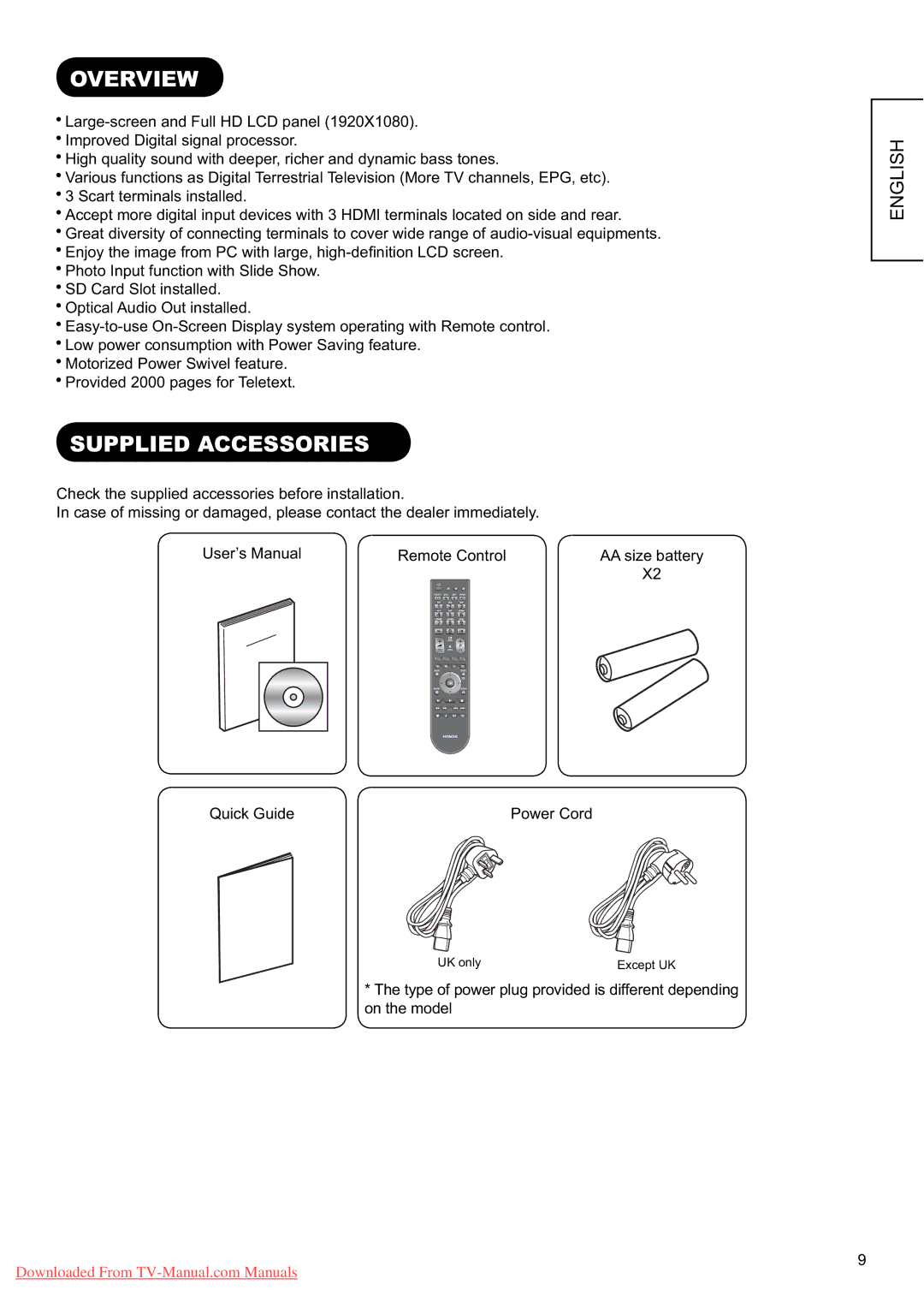 Hitachi L37X01E, L37X01U user manual Overview, Supplied Accessories 