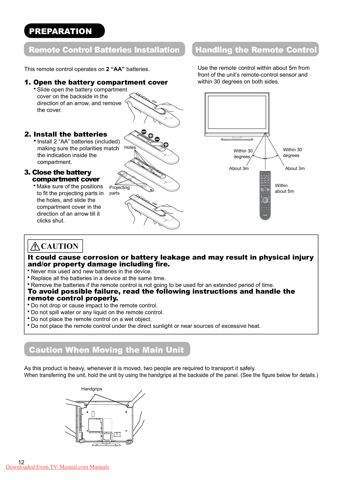 Hitachi L37X01U, L37X01E user manual Preparation, Remote Control Batteries Installation, Open the battery compartment cover 