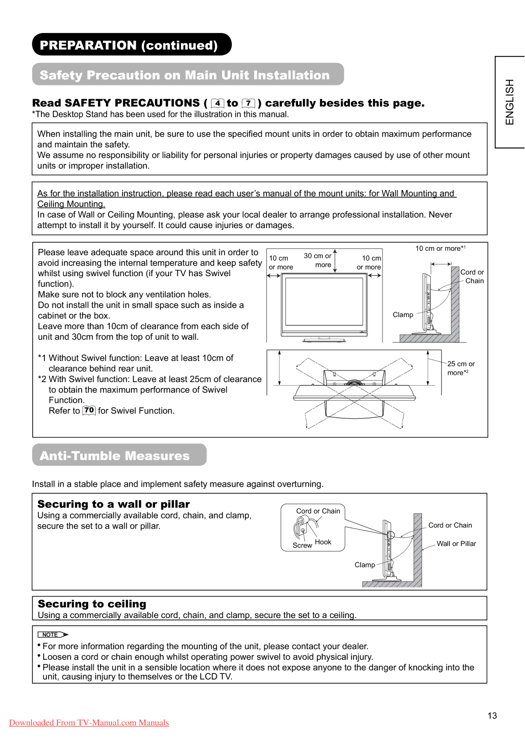 Hitachi L37X01E Preparation Safety Precaution on Main Unit Installation, Anti-Tumble Measures, Securing to ceiling 