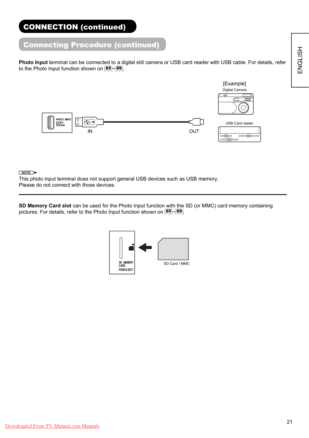 Hitachi L37X01E, L37X01U user manual Digital Camera USB Card reader 