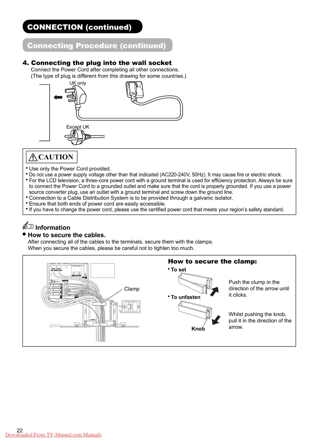 Hitachi L37X01U Connecting the plug into the wall socket, Information How to secure the cables, How to secure the clamp 