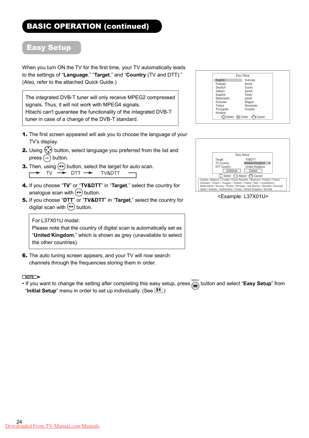 Hitachi L37X01U, L37X01E user manual Basic Operation Easy Setup, Tv Dtt Tv&Dtt 