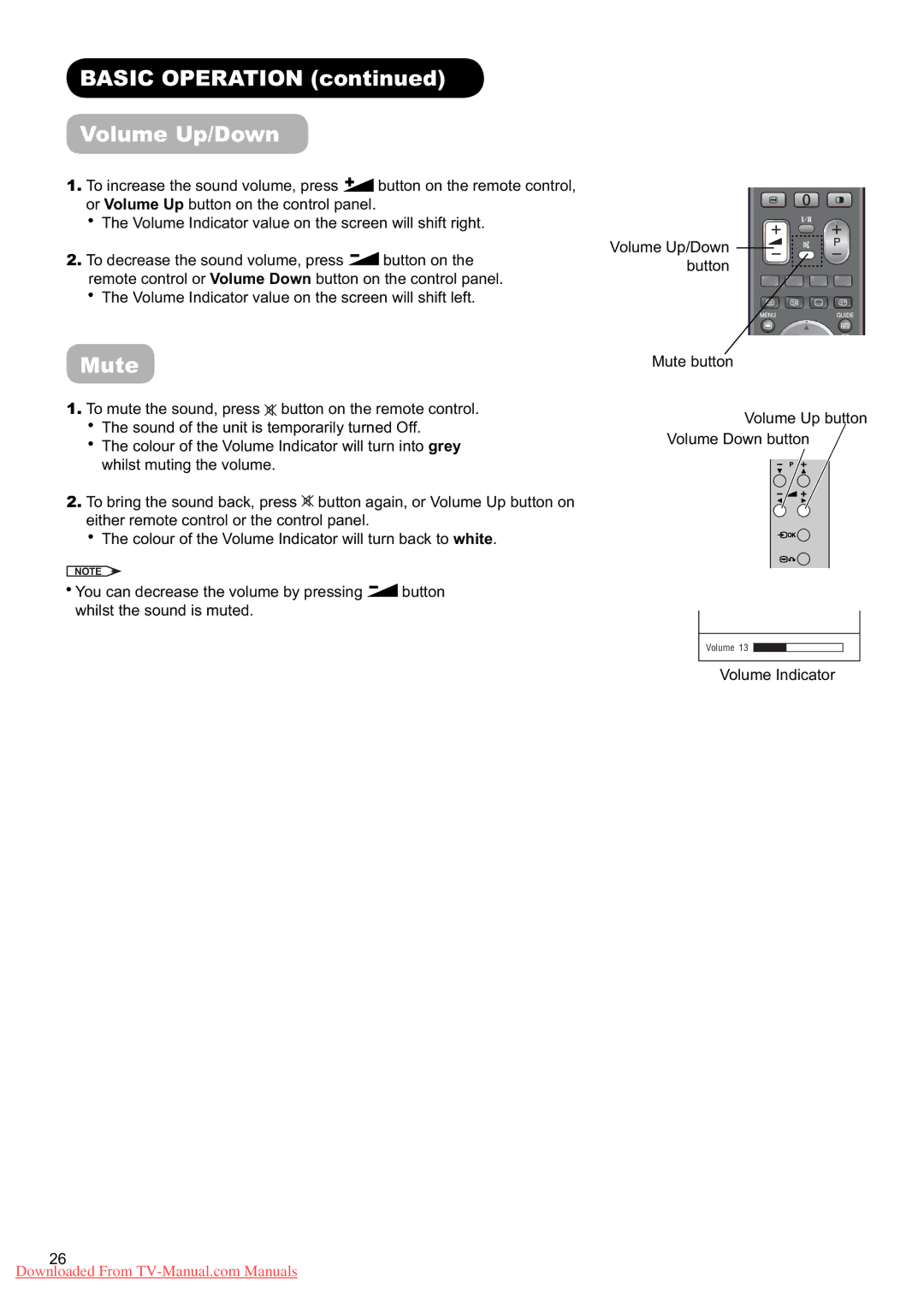 Hitachi L37X01U, L37X01E user manual Basic Operation Volume Up/Down, Mute 