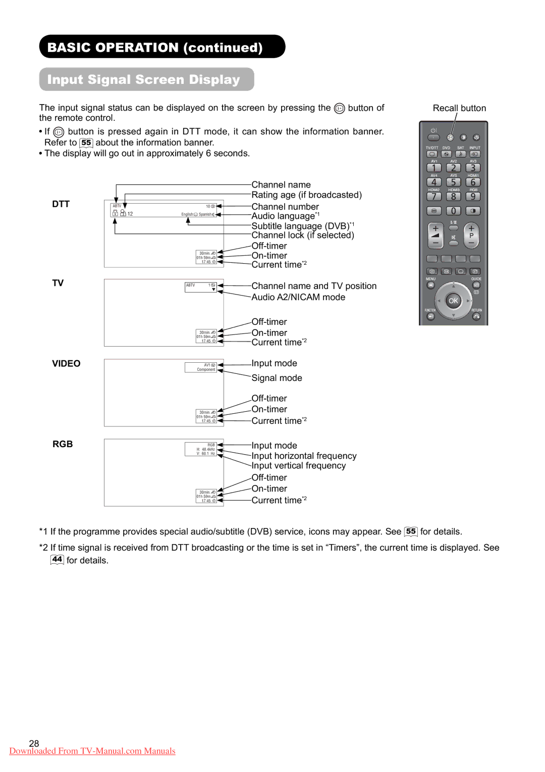 Hitachi L37X01U, L37X01E user manual Basic Operation Input Signal Screen Display, DTT Video RGB 