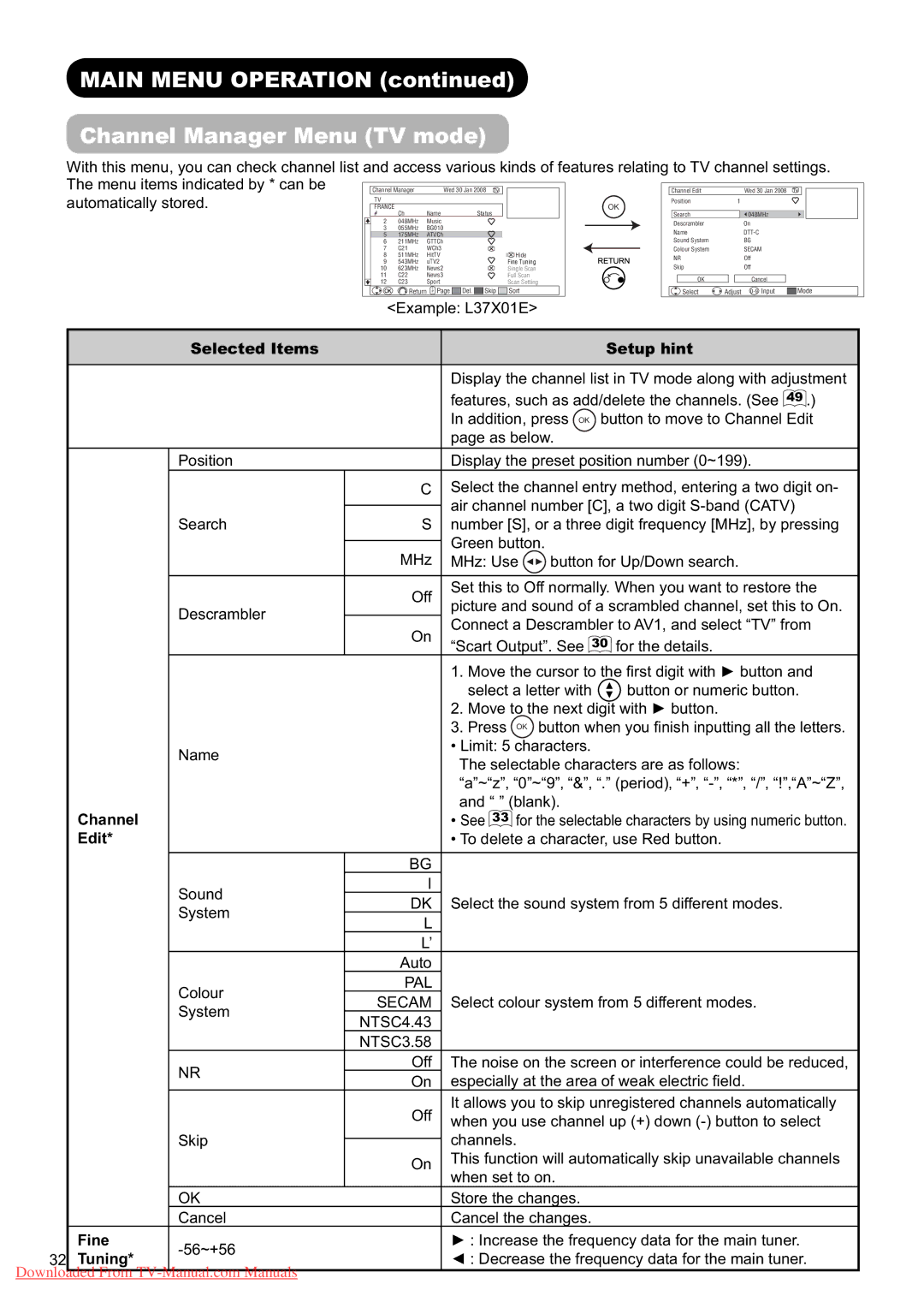 Hitachi L37X01U, L37X01E user manual Main Menu Operation Channel Manager Menu TV mode, Edit, Fine, Tuning 