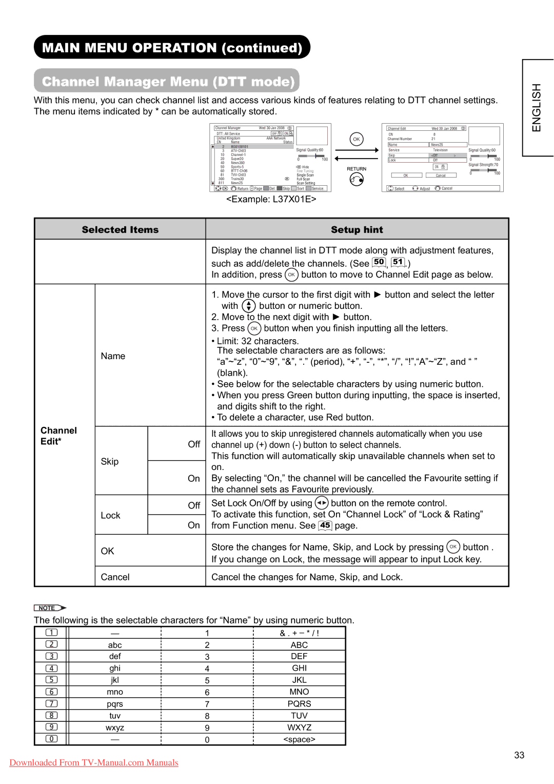 Hitachi L37X01E, L37X01U user manual Main Menu Operation Channel Manager Menu DTT mode, 100 