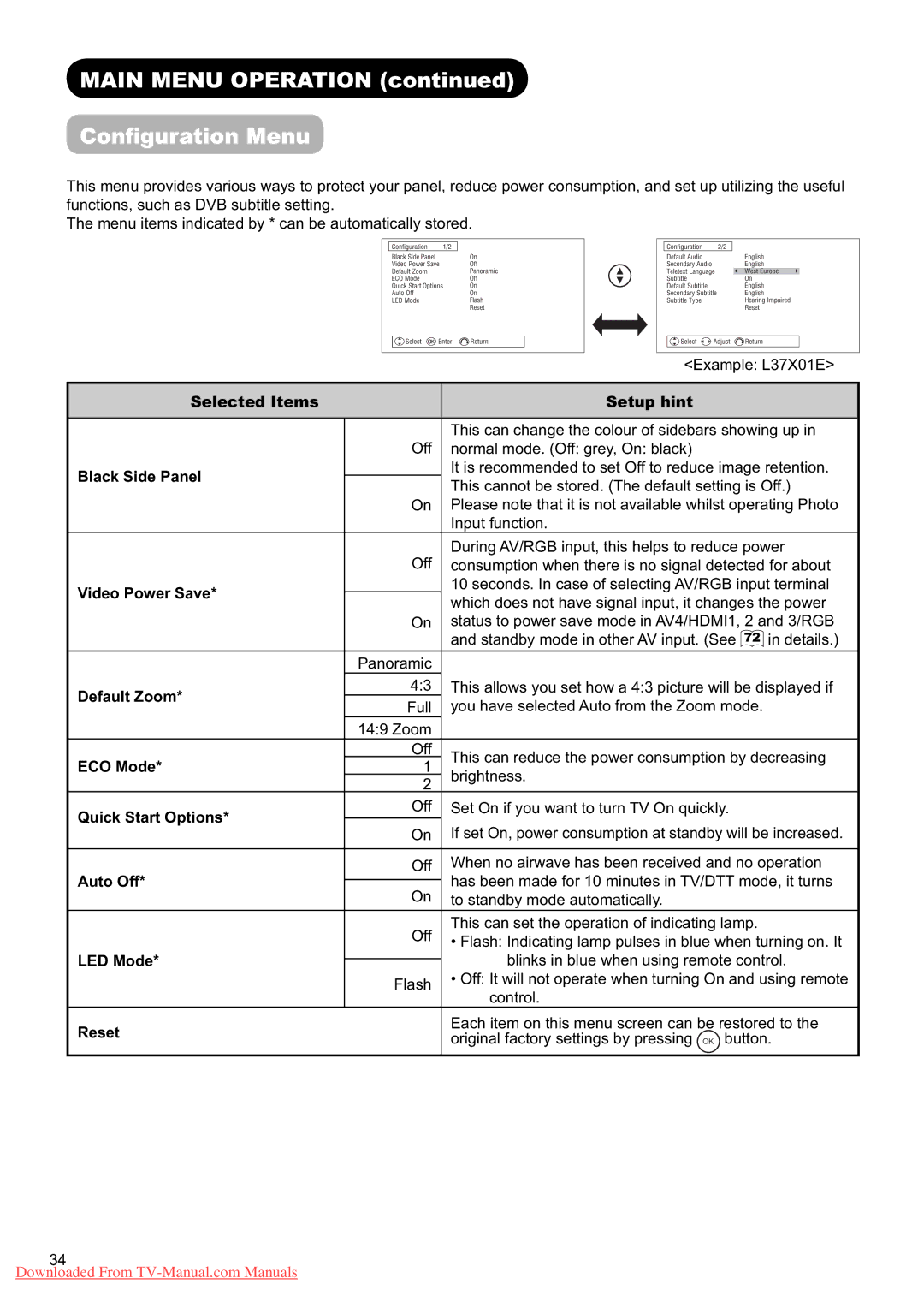 Hitachi L37X01U, L37X01E user manual Main Menu Operation Conﬁguration Menu 