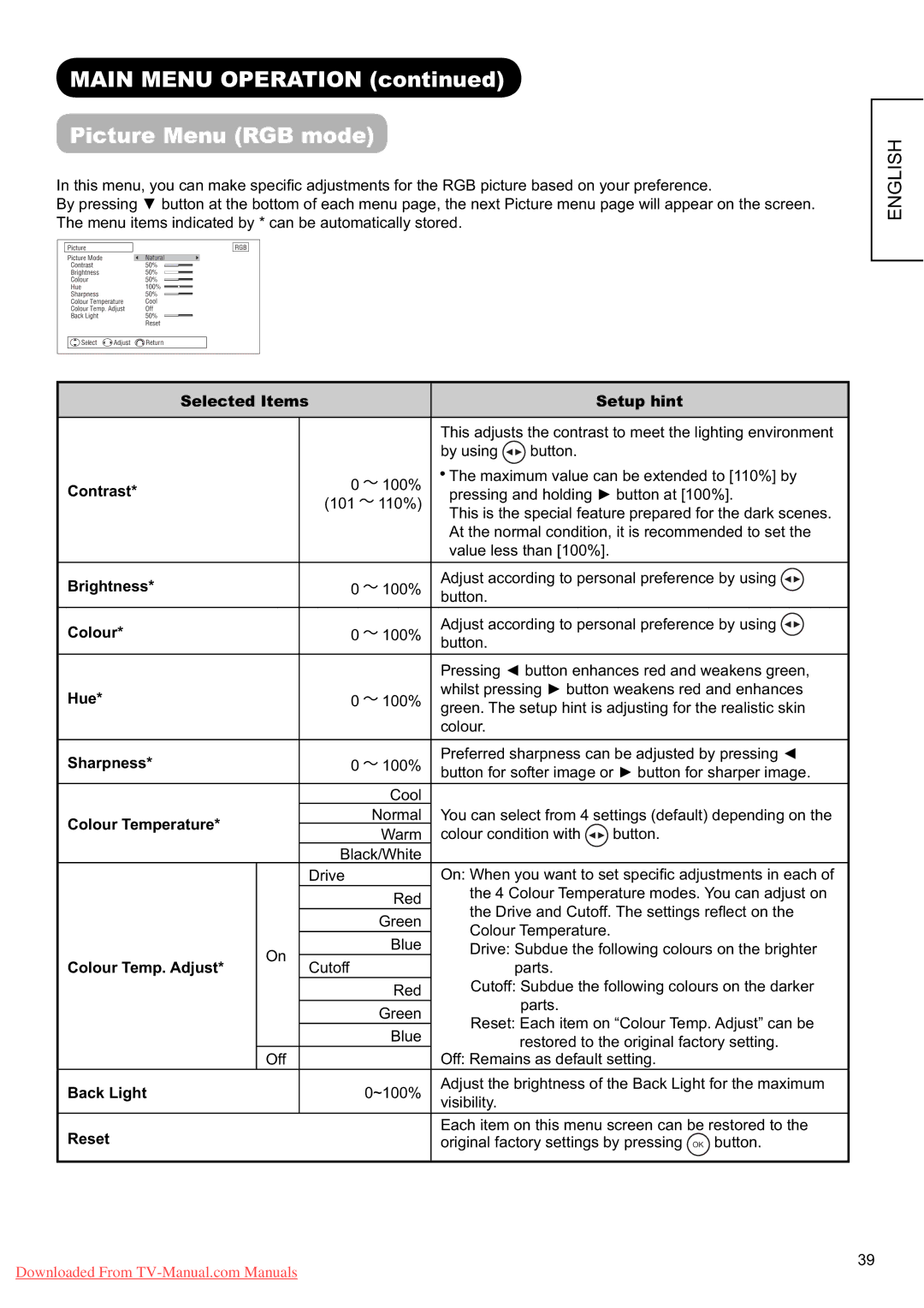 Hitachi L37X01E, L37X01U user manual Main Menu Operation Picture Menu RGB mode, Contrast 