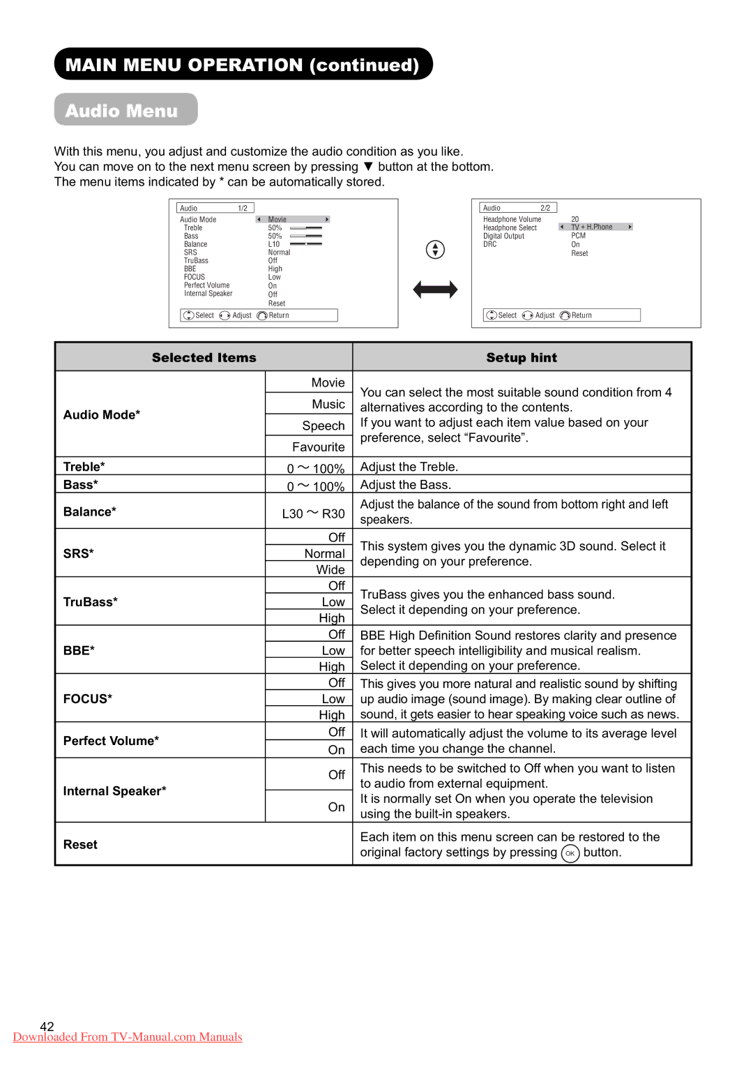 Hitachi L37X01U, L37X01E user manual Main Menu Operation Audio Menu, Srs, Bbe, Focus 