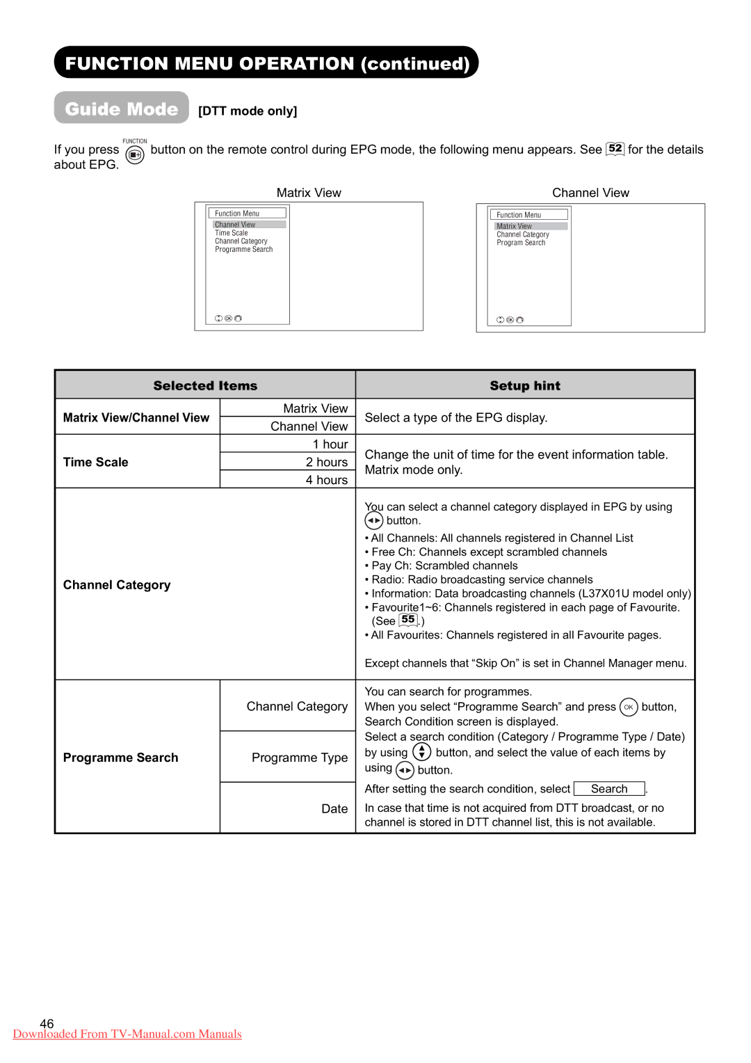 Hitachi L37X01U, L37X01E Function Menu Operation, Guide Mode DTT mode only, Time Scale, Channel Category, Programme Search 