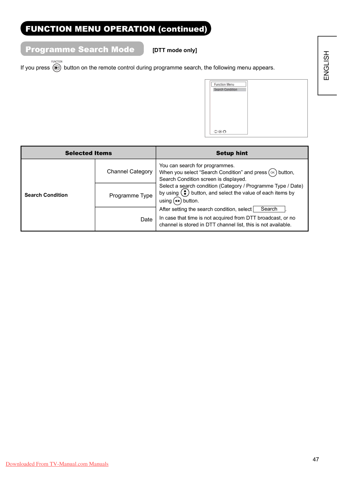 Hitachi L37X01E, L37X01U user manual Function Menu Operation Programme Search Mode, DTT mode only 