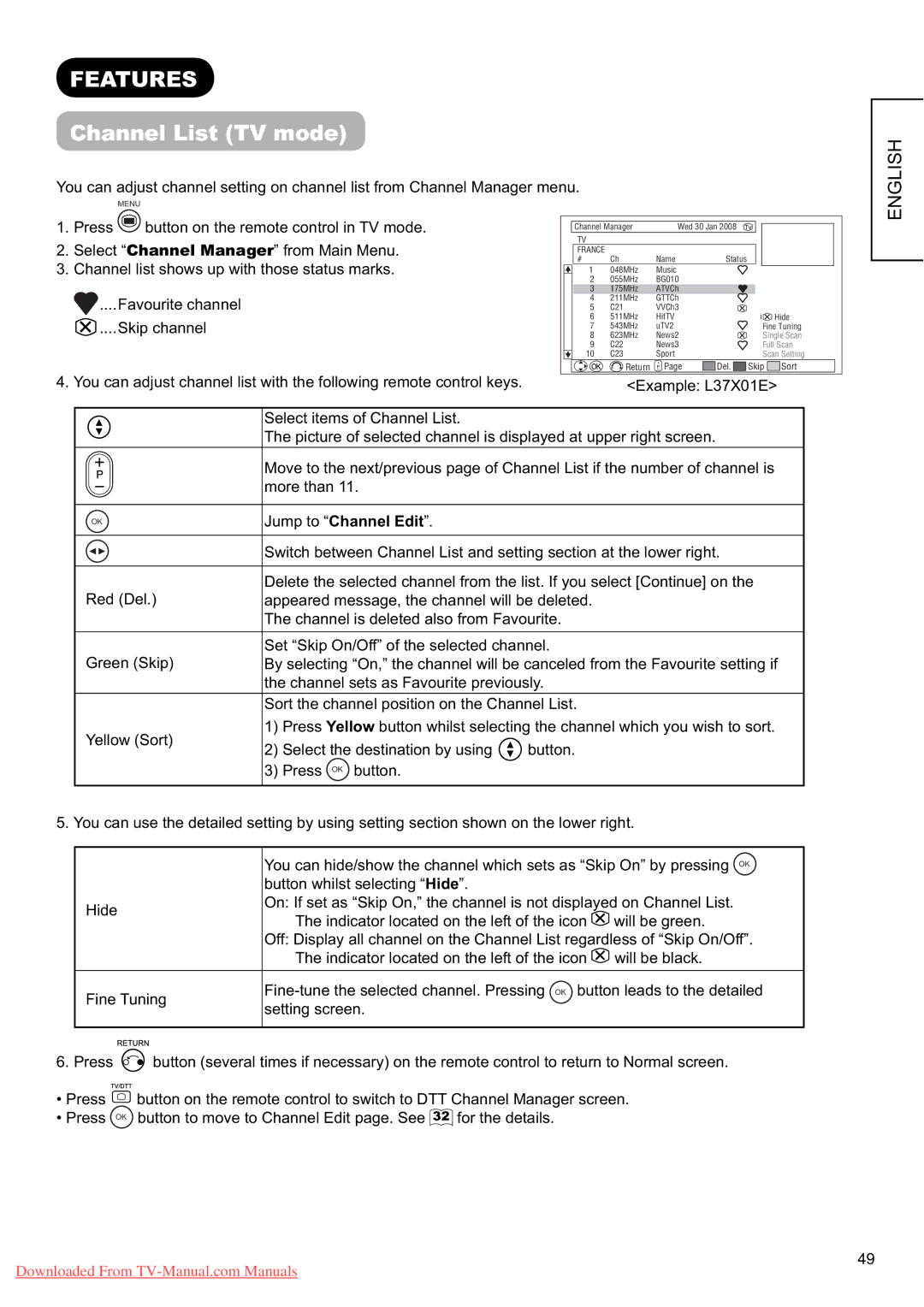 Hitachi L37X01E, L37X01U user manual Features, Channel List TV mode, Jump to Channel Edit 