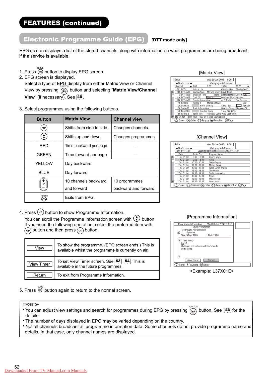 Hitachi L37X01U, L37X01E user manual Features Electronic Programme Guide EPG DTT mode only, Button Matrix View Channel view 