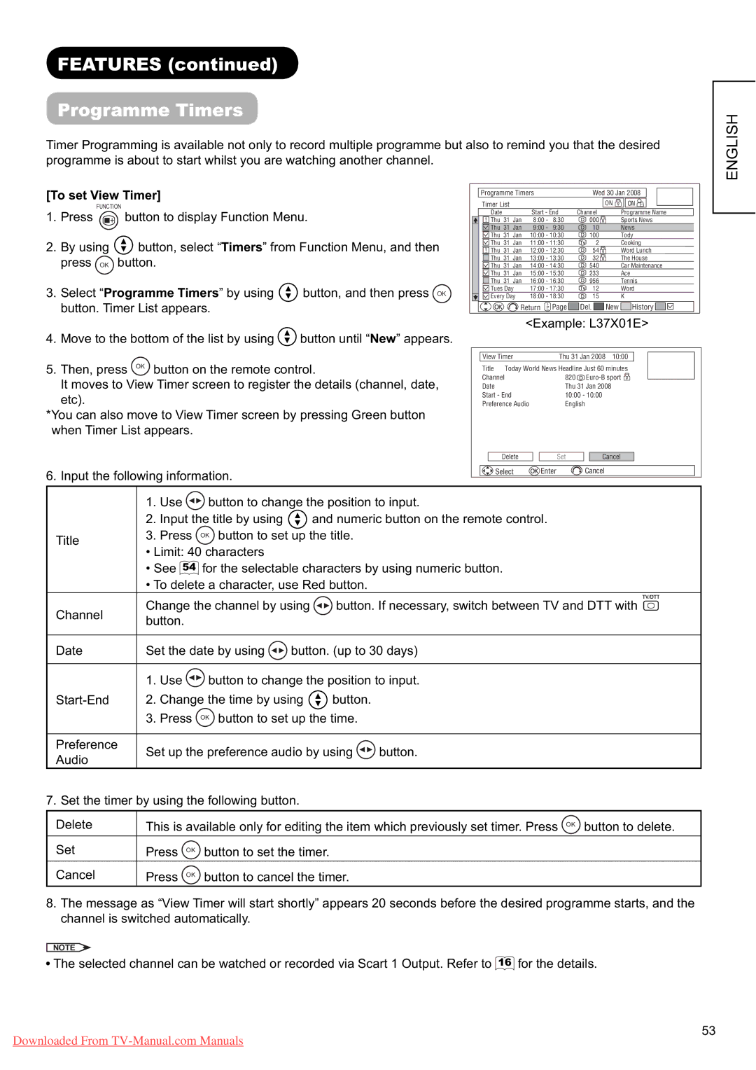 Hitachi L37X01E, L37X01U user manual Features Programme Timers, To set View Timer 