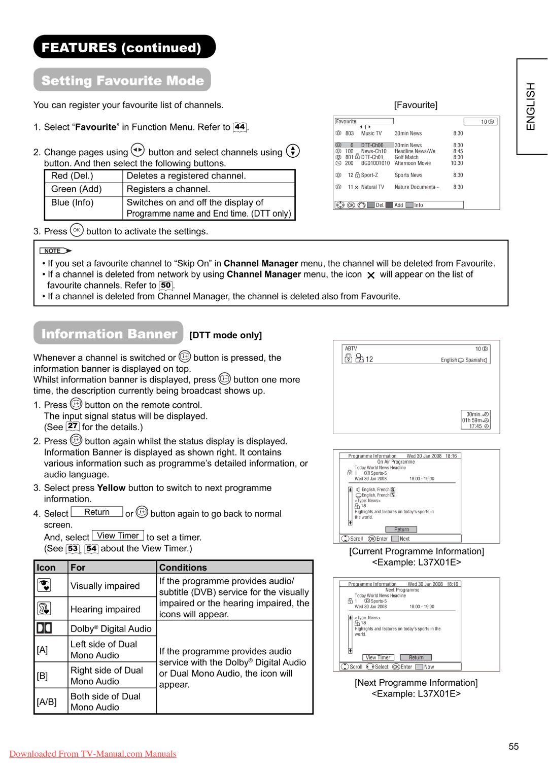 Hitachi L37X01E, L37X01U user manual Features Setting Favourite Mode, Information Banner DTT mode only, Icon For Conditions 