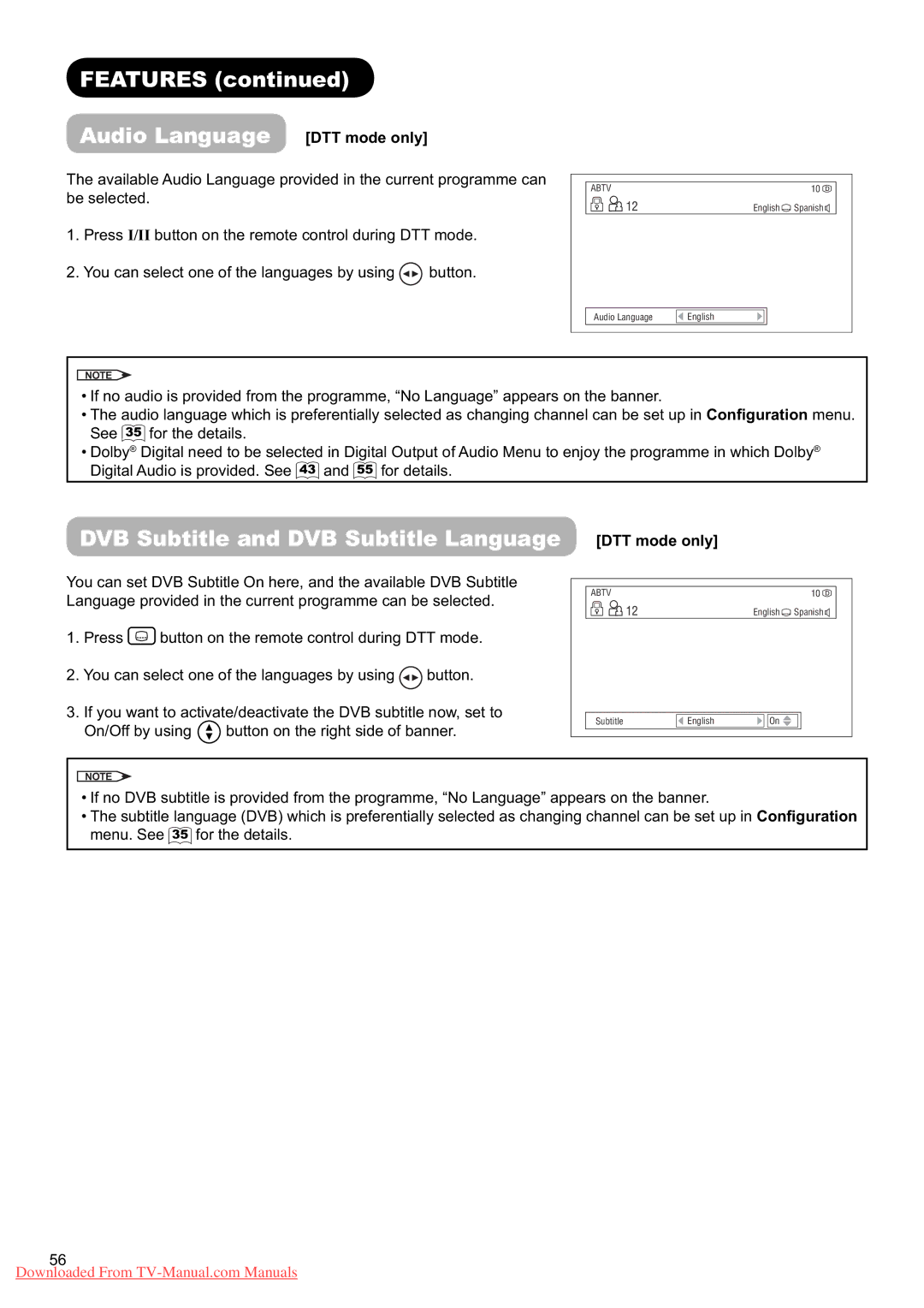 Hitachi L37X01U, L37X01E user manual Features Audio Language DTT mode only, DVB Subtitle and DVB Subtitle Language 