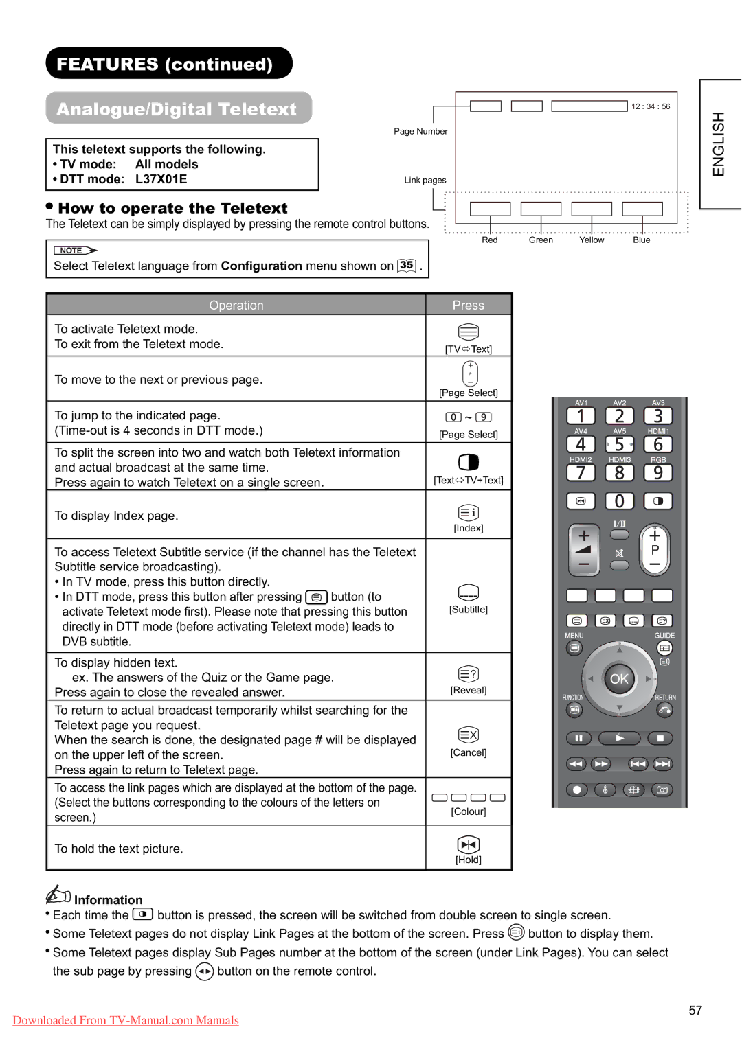 Hitachi L37X01E, L37X01U user manual Features Analogue/Digital Teletext, How to operate the Teletext, Information 