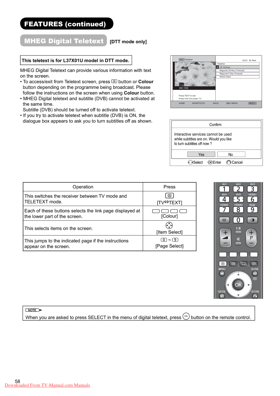 Hitachi L37X01E user manual Features Mheg Digital Teletext DTT mode only, This teletext is for L37X01U model in DTT mode 