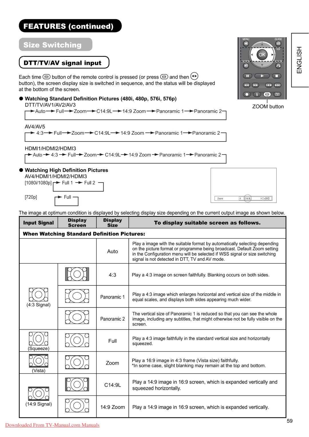 Hitachi L37X01E, L37X01U user manual Features Size Switching, DTT/TV/AV signal input, To display suitable screen as follows 