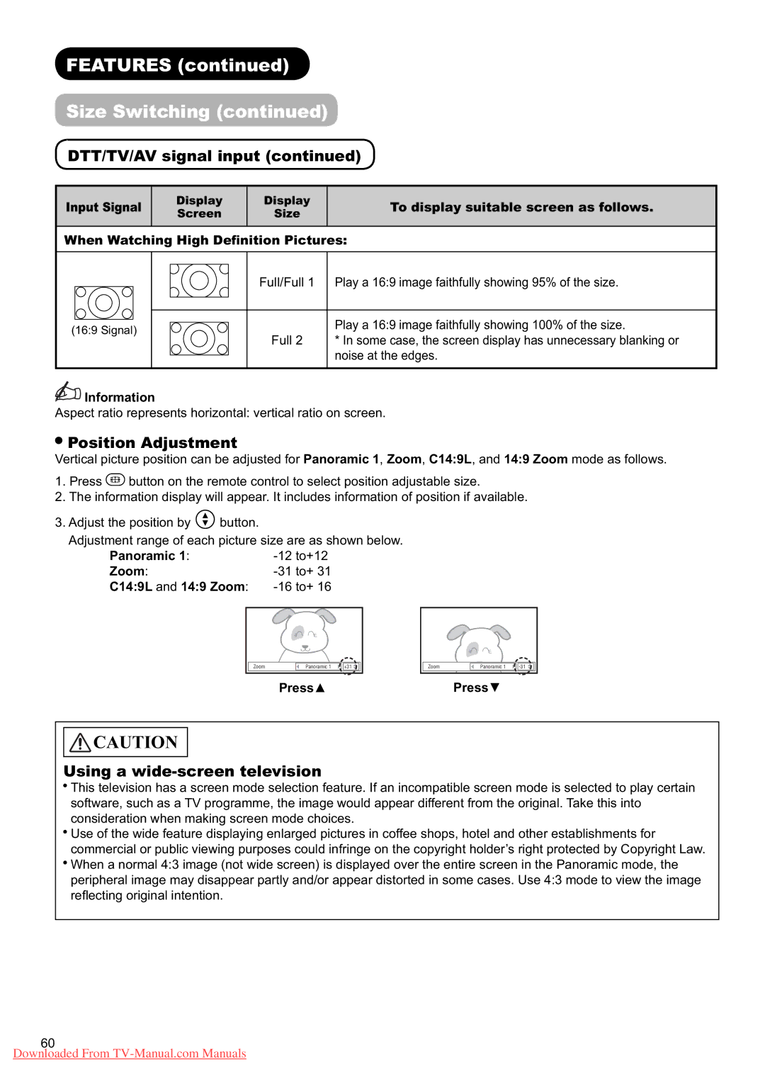 Hitachi L37X01U, L37X01E user manual Position Adjustment, Using a wide-screen television 