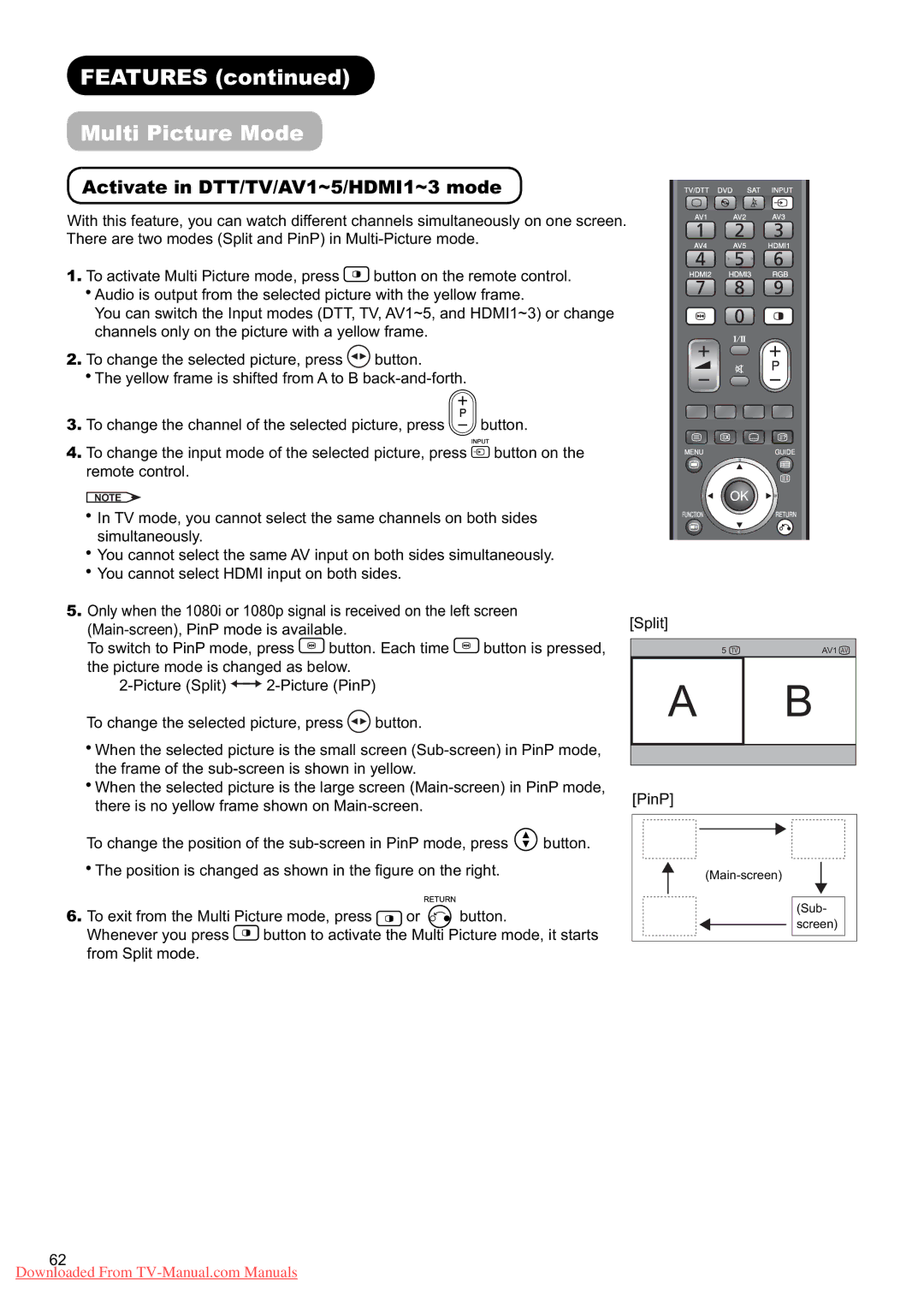 Hitachi L37X01U, L37X01E user manual Features Multi Picture Mode, Activate in DTT/TV/AV1~5/HDMI1~3 mode 