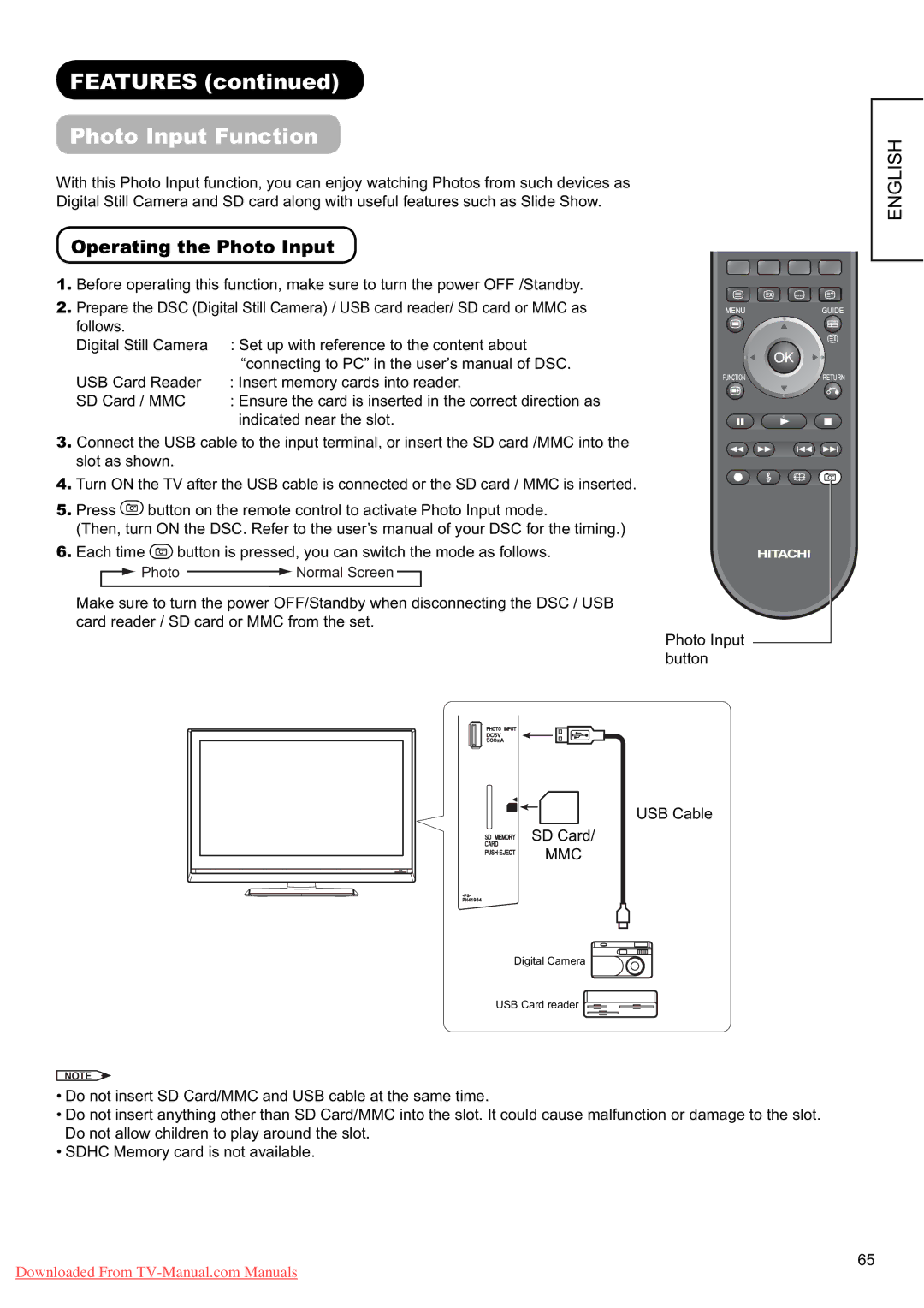 Hitachi L37X01E, L37X01U user manual Features Photo Input Function, Operating the Photo Input 