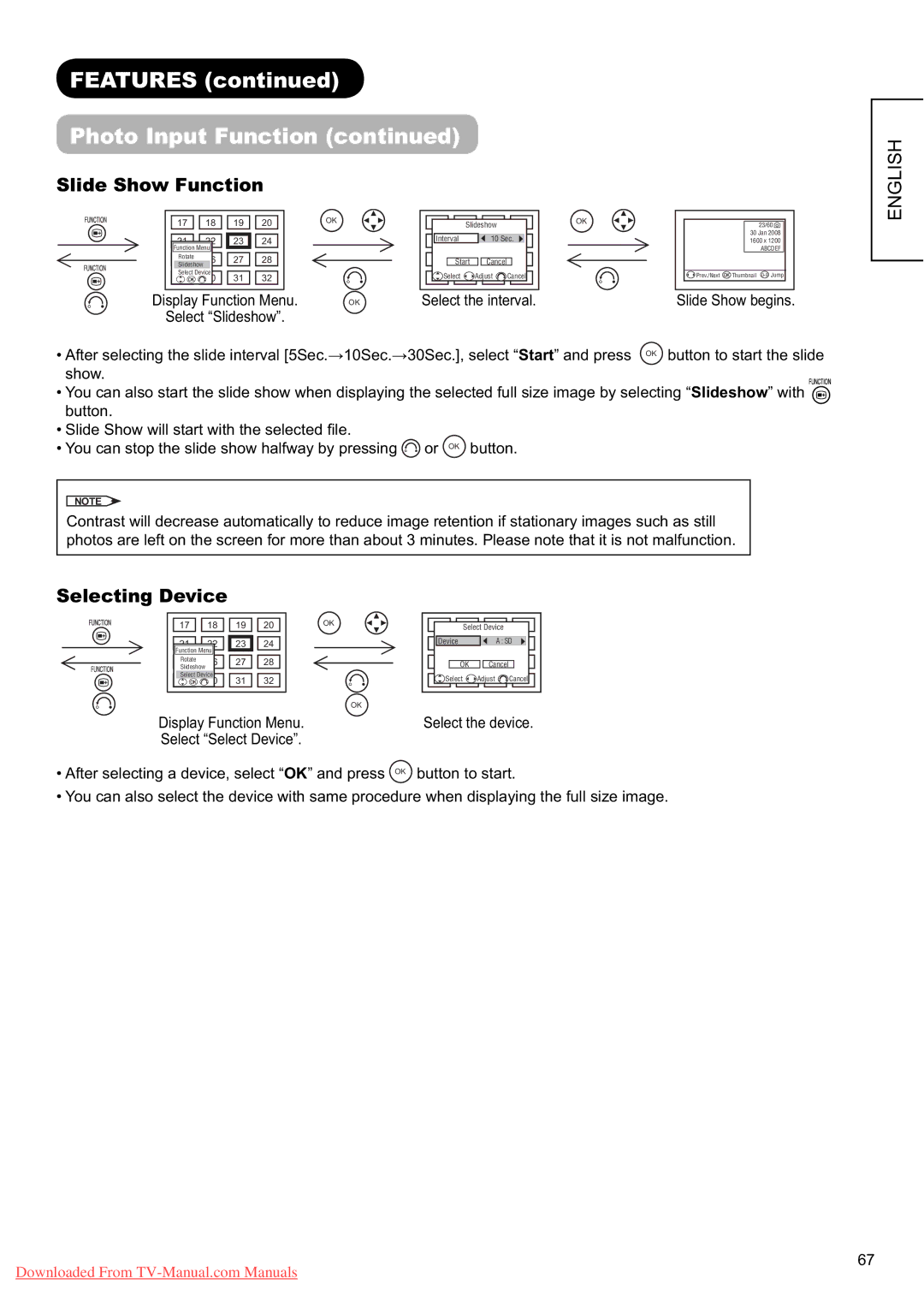 Hitachi L37X01E, L37X01U user manual Slide Show Function, Selecting Device 