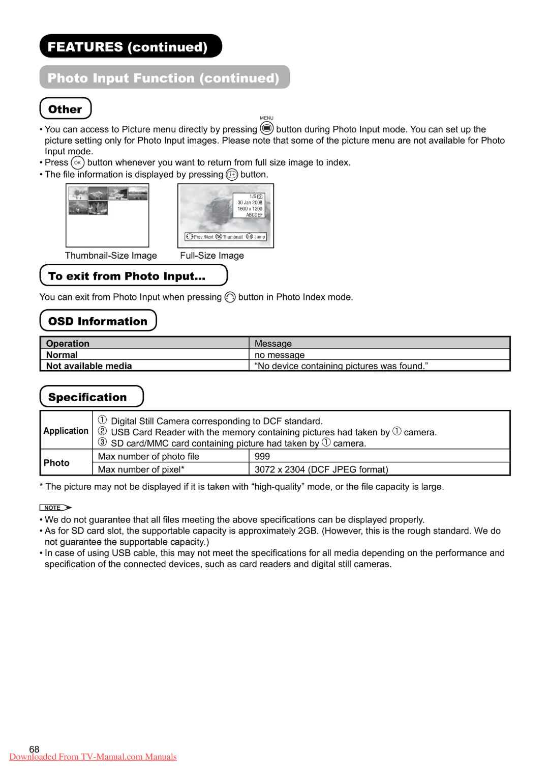 Hitachi L37X01U, L37X01E user manual Other, To exit from Photo Input…, OSD Information, Speciﬁcation 