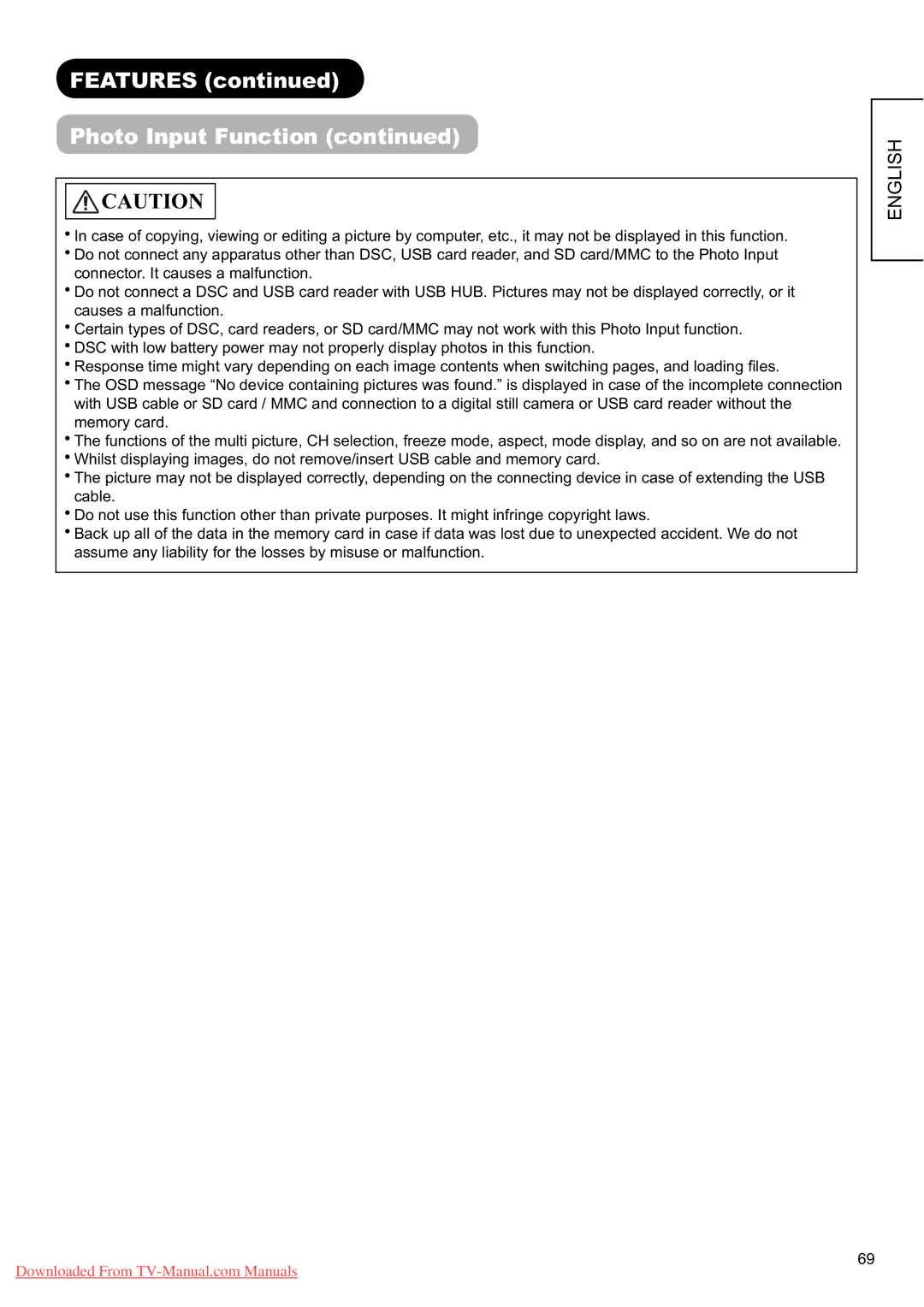 Hitachi L37X01E, L37X01U user manual Features Photo Input Function 