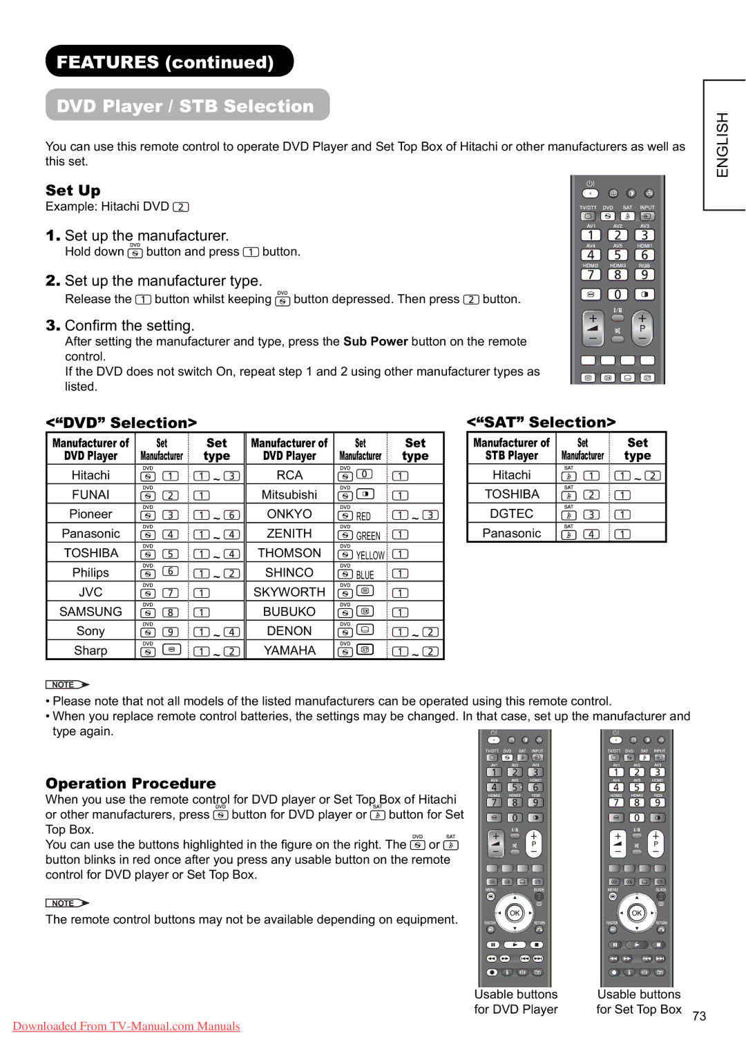 Hitachi L37X01E, L37X01U Features DVD Player / STB Selection, Set Up, DVD Selection SAT Selection, Operation Procedure 