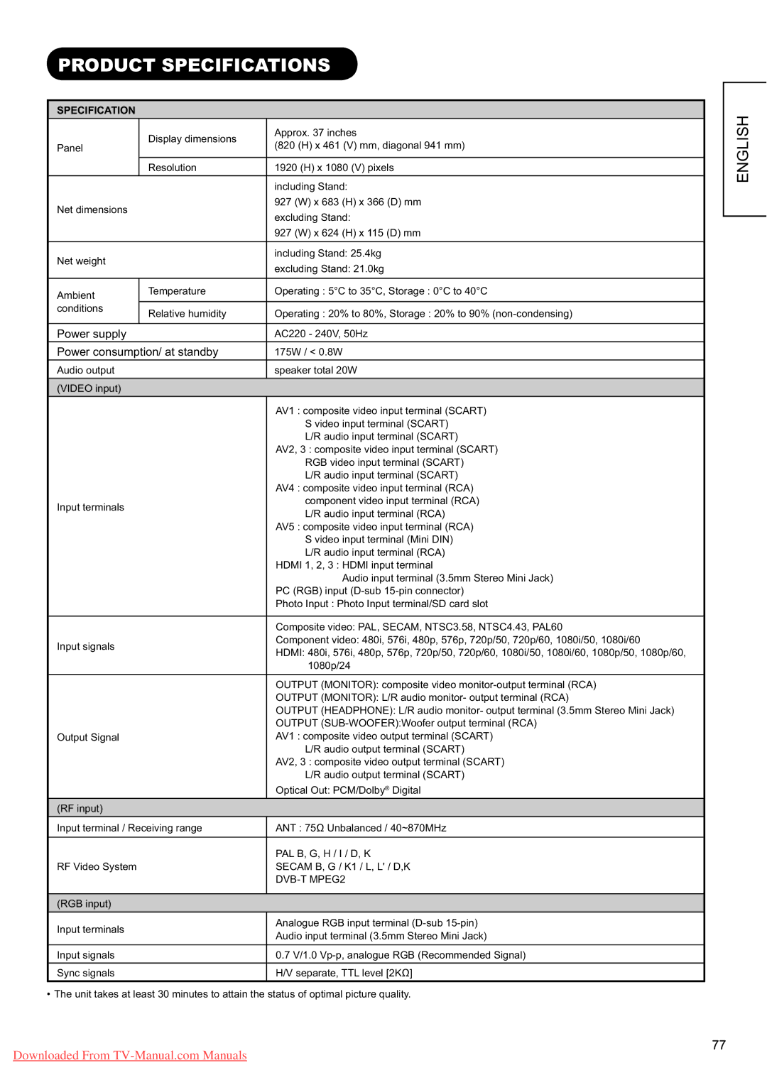 Hitachi L37X01E, L37X01U user manual Product Specifications 