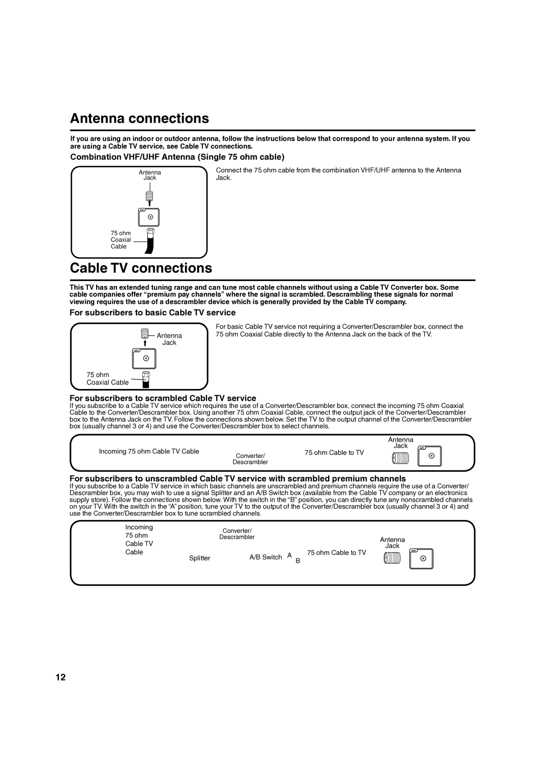 Hitachi L40A105 important safety instructions Antenna connections, Cable TV connections 