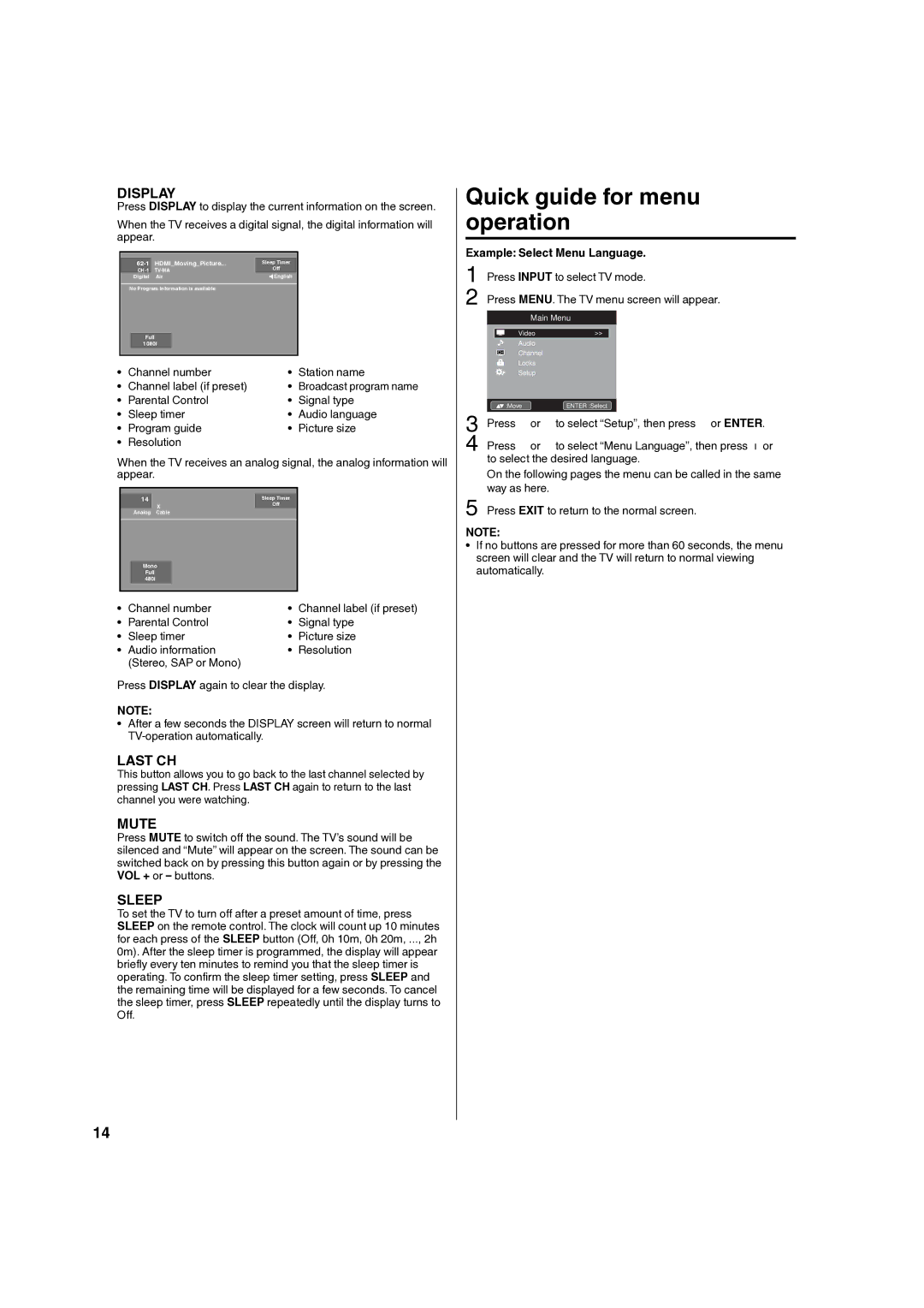 Hitachi L40A105 important safety instructions Quick guide for menu operation, Example Select Menu Language 