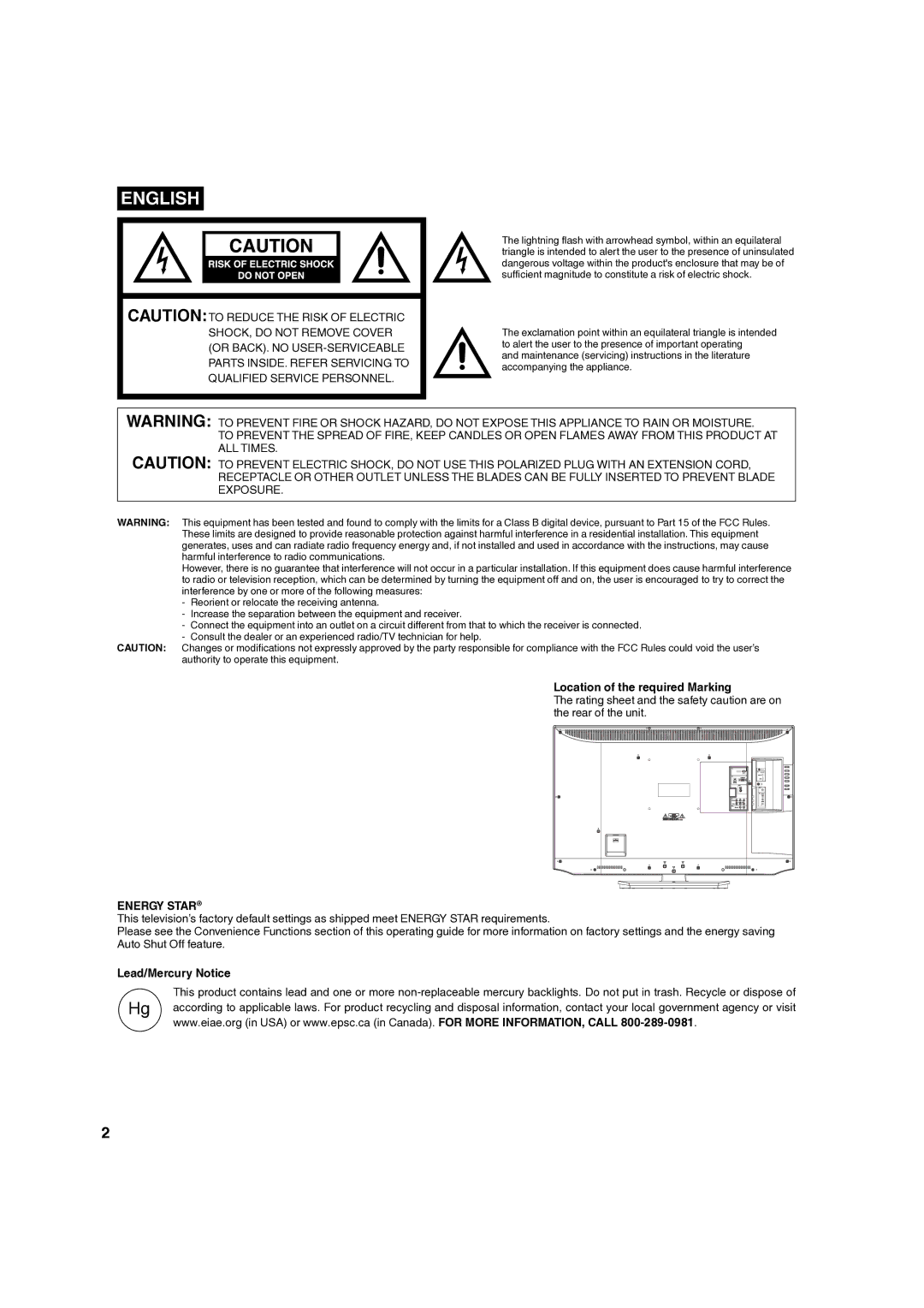 Hitachi L40A105 important safety instructions Location of the required Marking, Energy Star, Lead/Mercury Notice 