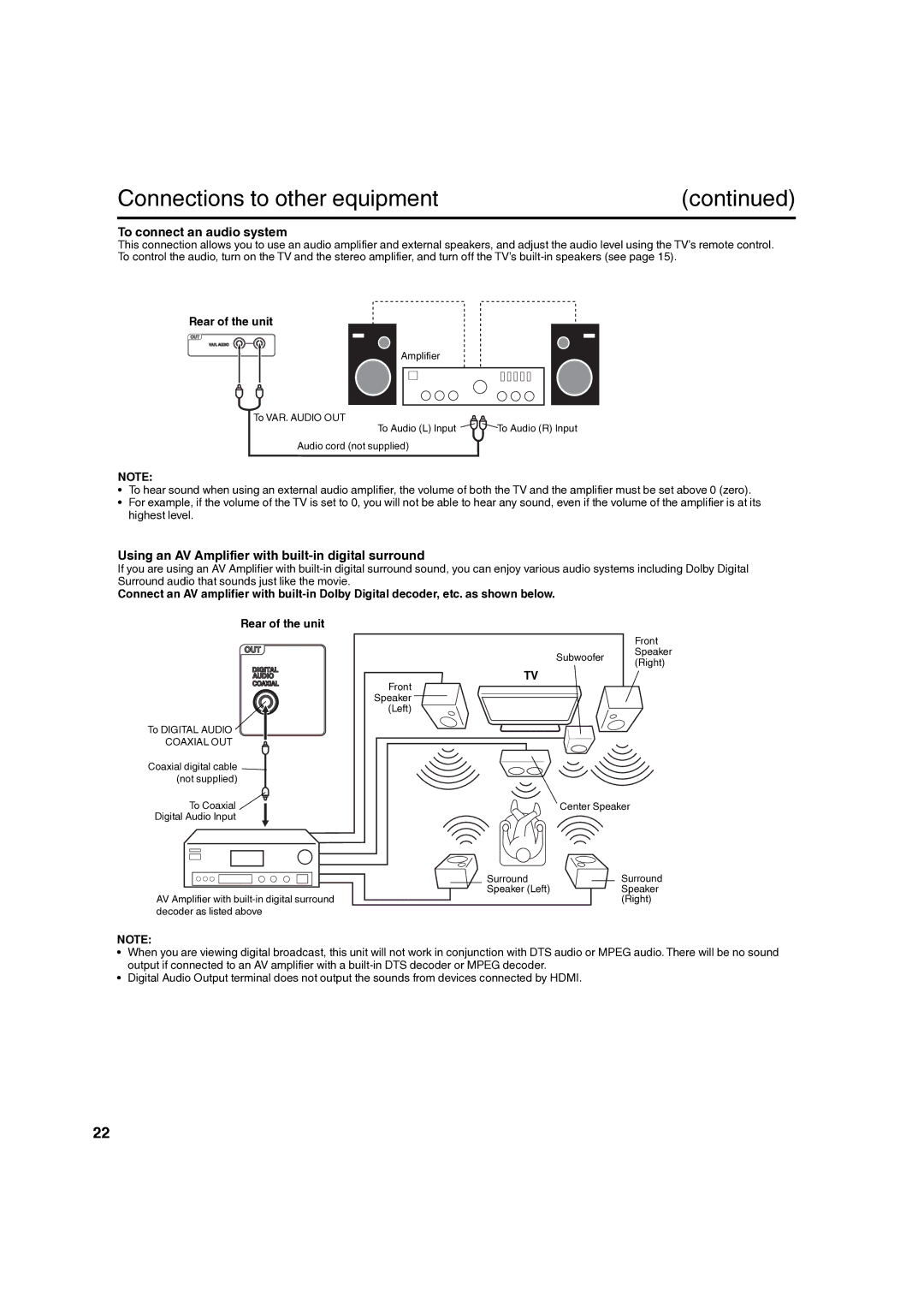 Hitachi L40A105 To connect an audio system, Using an AV Amplifier with built-in digital surround 