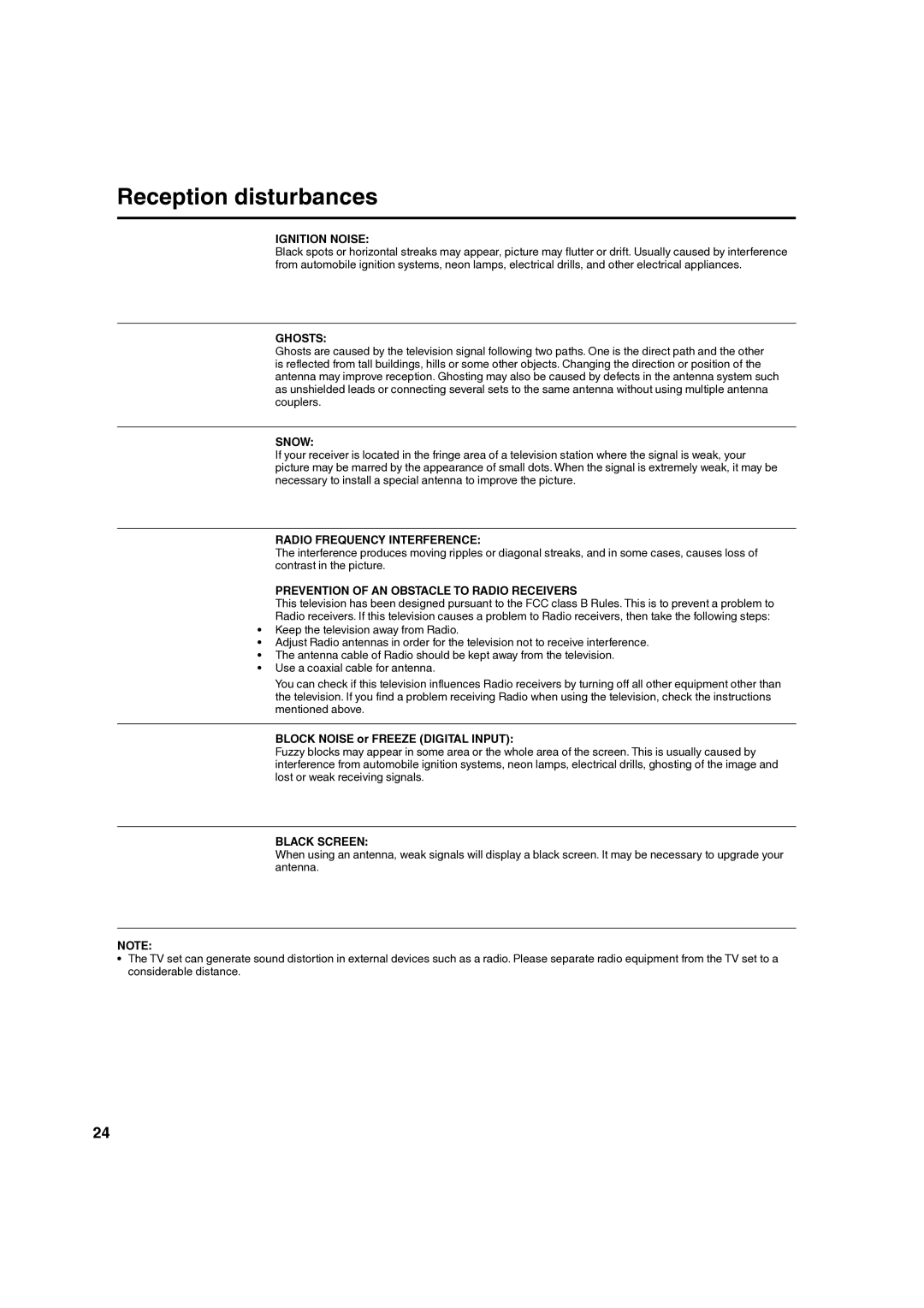 Hitachi L40A105 important safety instructions Reception disturbances 