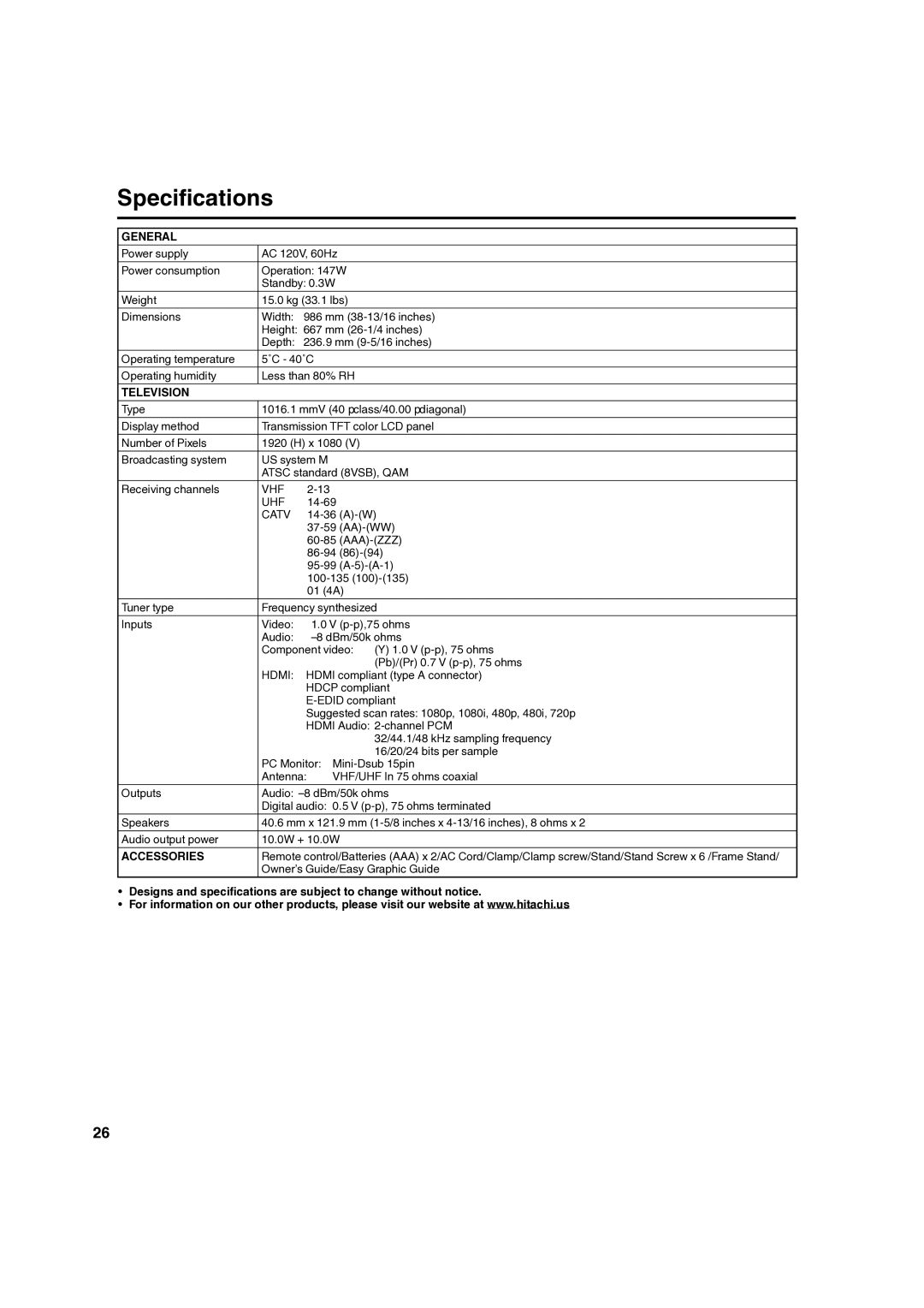 Hitachi L40A105 important safety instructions Specifications, General, Television, Accessories 